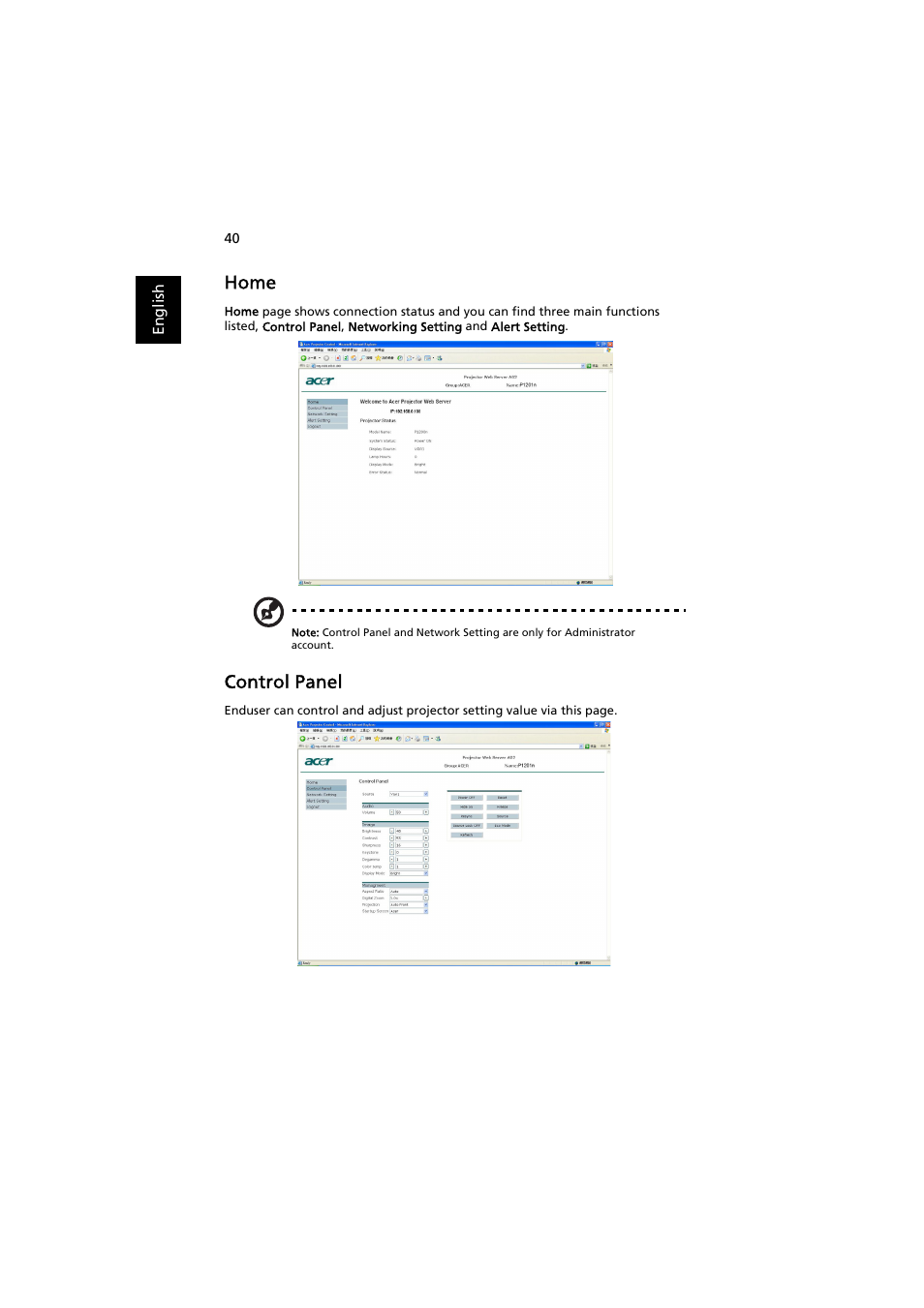 Home, Control panel | Acer P1203PB User Manual | Page 50 / 74