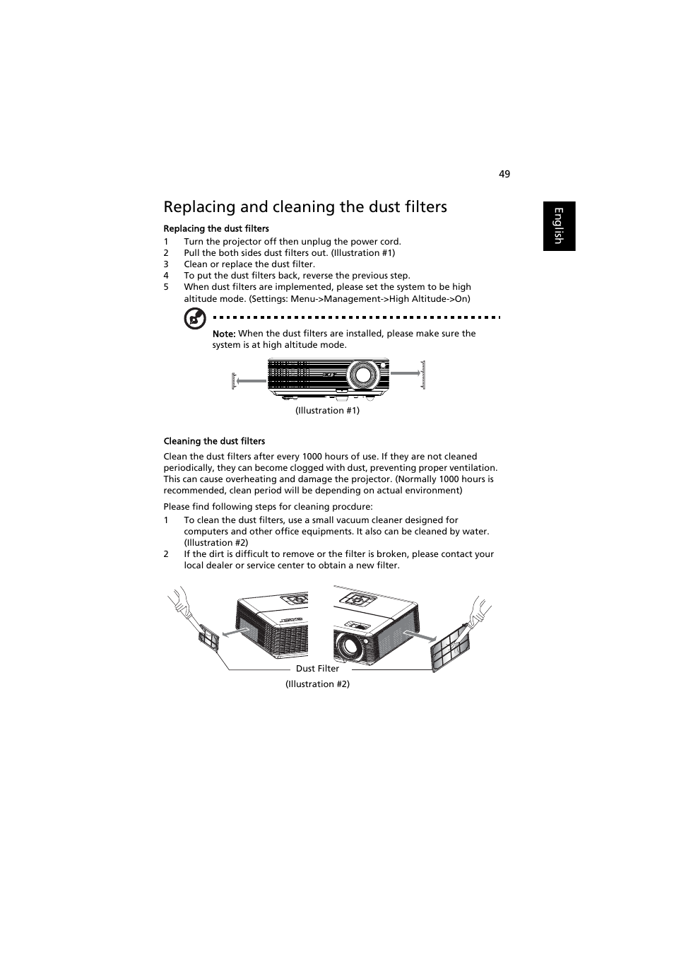 Replacing and cleaning the dust filters | Acer P1203PB User Manual | Page 59 / 74