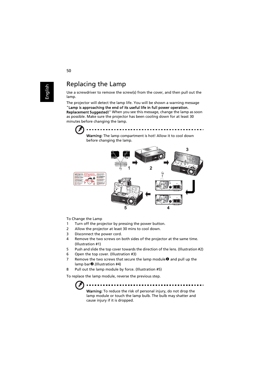 Replacing the lamp | Acer P1203PB User Manual | Page 60 / 74