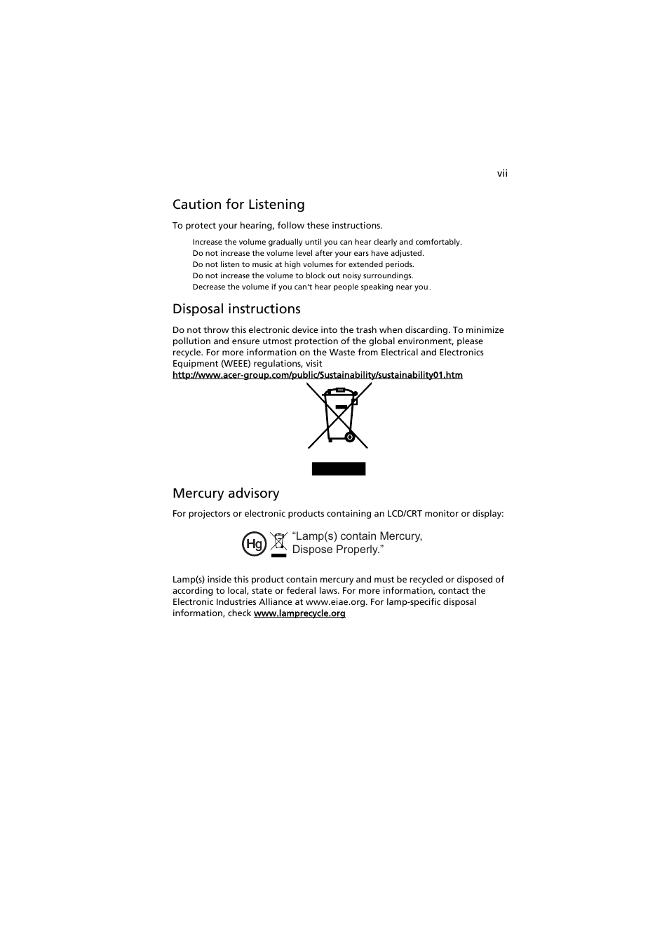 Caution for listening, Disposal instructions, Mercury advisory | Acer P1203PB User Manual | Page 7 / 74