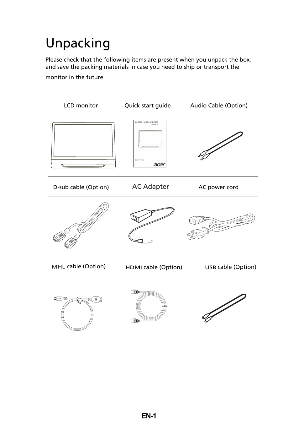 Unpacking | Acer UT220HQL User Manual | Page 13 / 30