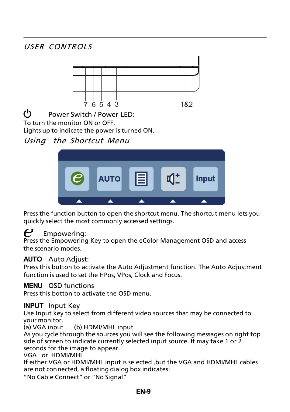 User controls, Using the shortcut menu | Acer UT220HQL User Manual | Page 21 / 30