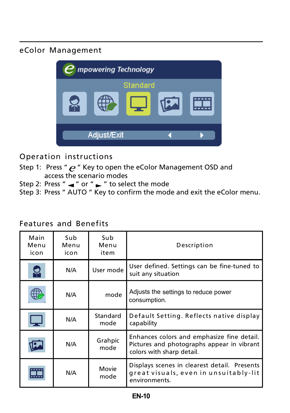 Ecolor management operation instructions, Features and benefits | Acer UT220HQL User Manual | Page 22 / 30