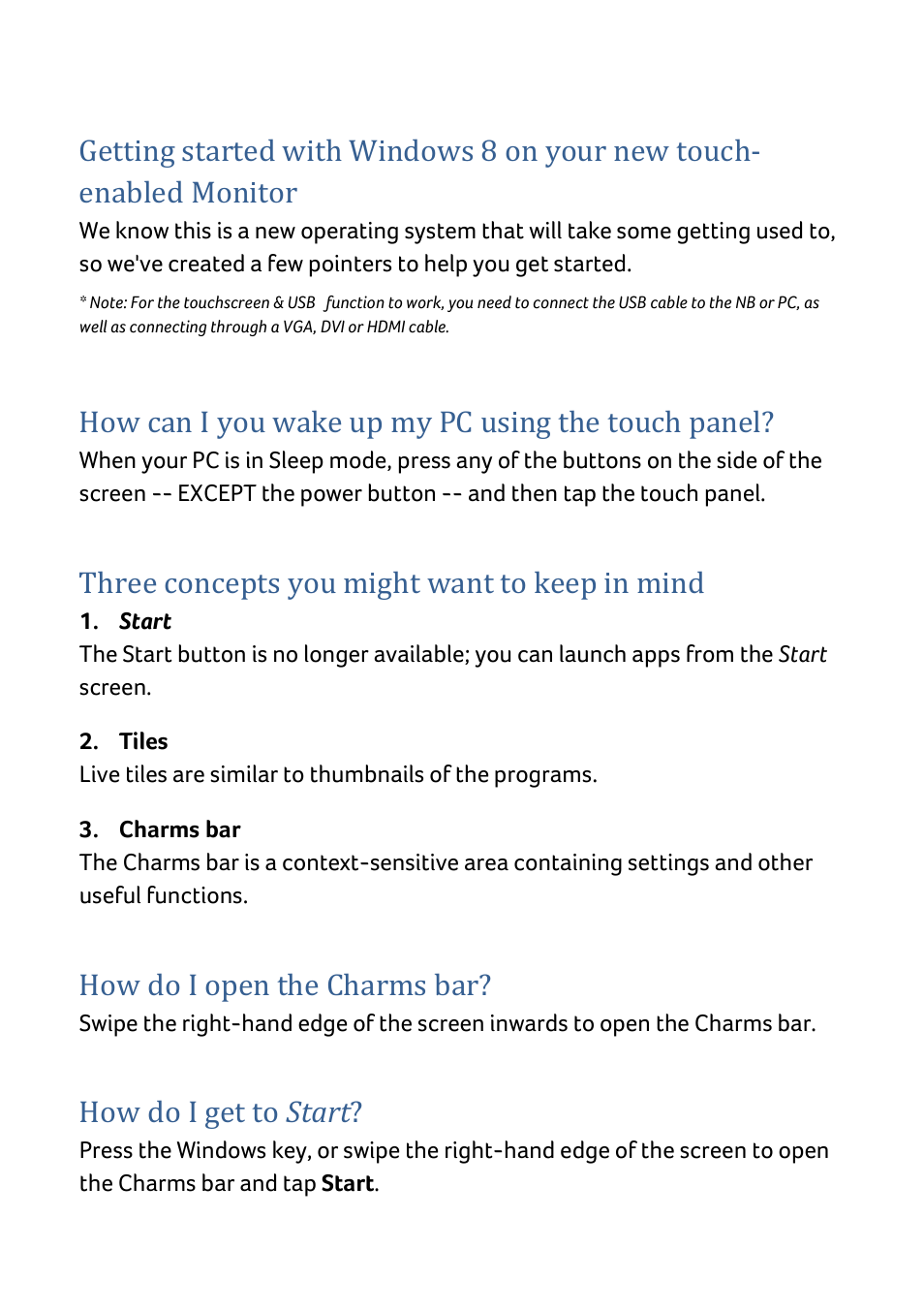 How can i you wake up my pc using the touch panel, Three concepts you might want to keep in mind, How do i open the charms bar | How do i get to start | Acer UT220HQL User Manual | Page 29 / 30