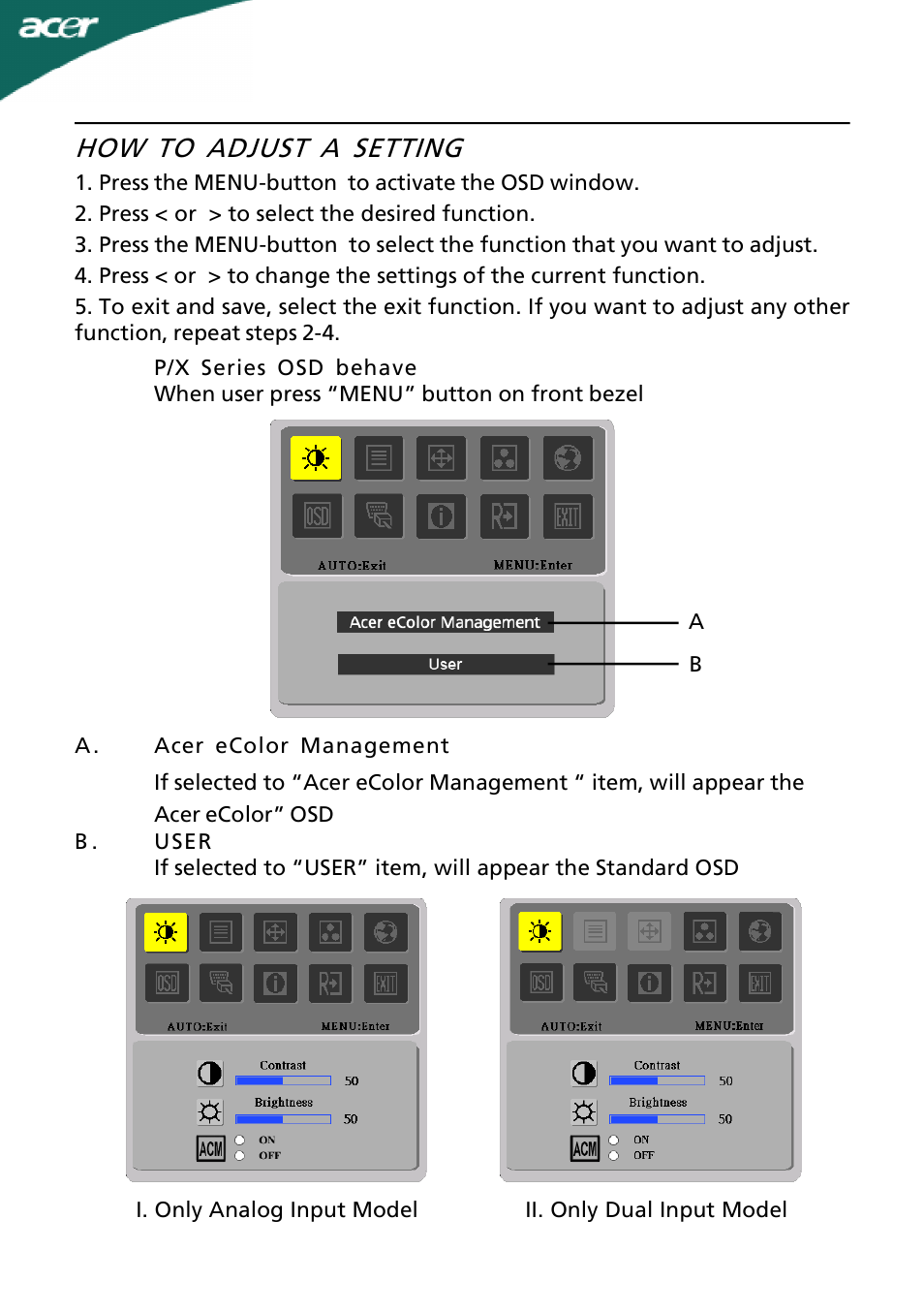 How to adjust a setting | Acer B273HU User Manual | Page 17 / 26