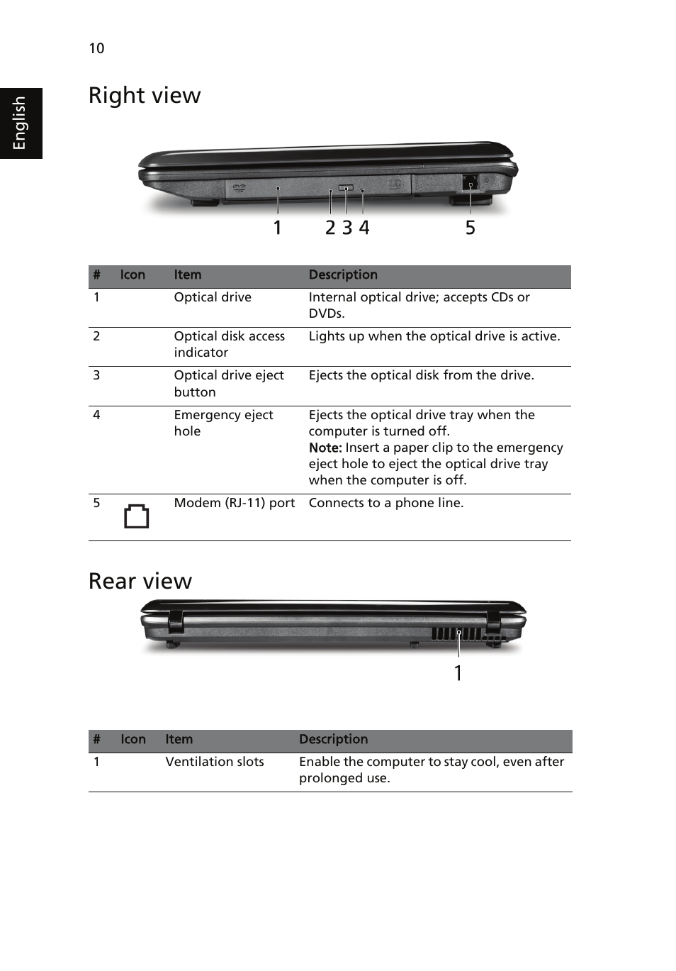 Right view, Rear view, Right view rear view | Acer Aspire 5230 User Manual | Page 10 / 13