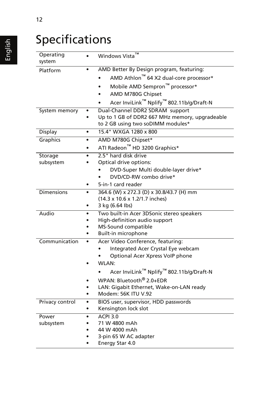 Specifications, English | Acer Aspire 5230 User Manual | Page 12 / 13