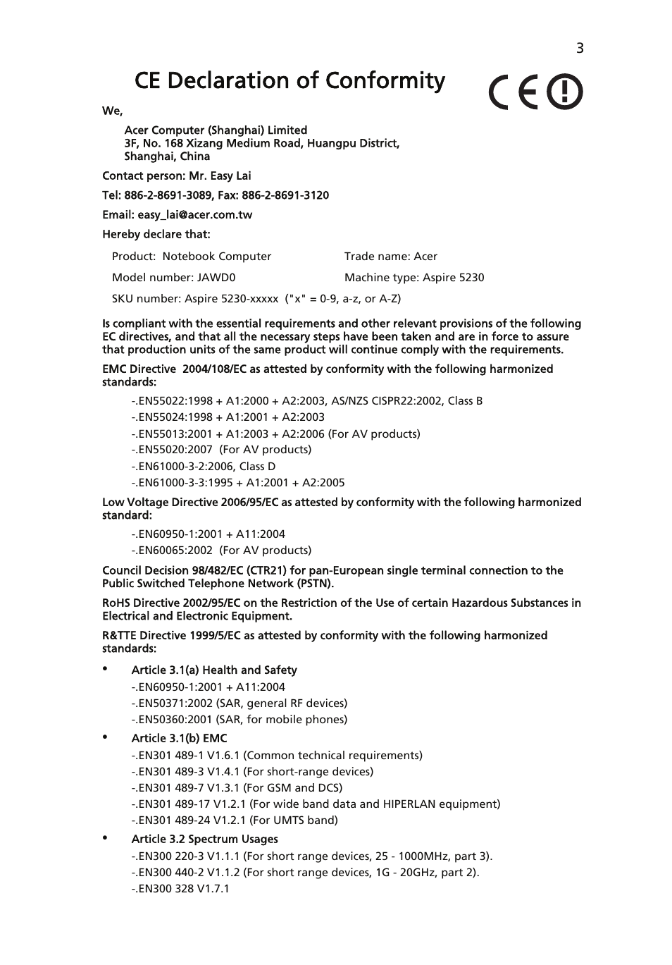 Ce declaration of conformity | Acer Aspire 5230 User Manual | Page 3 / 13