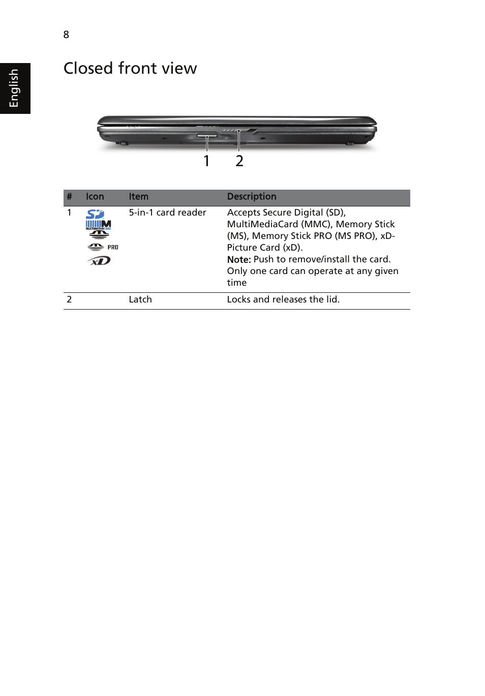 Closed front view | Acer Aspire 5230 User Manual | Page 8 / 13