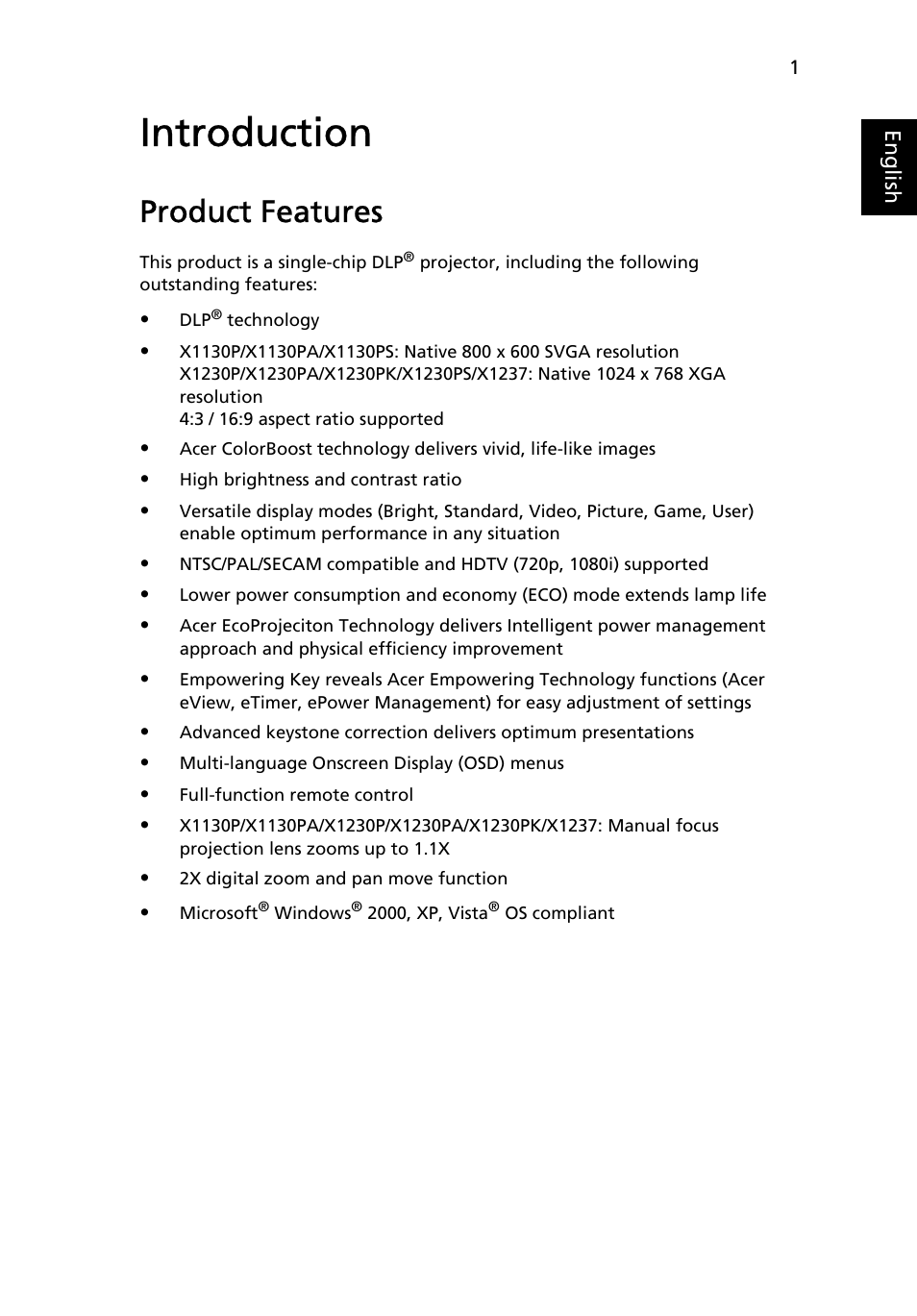 Introduction, Product features | Acer X1237 User Manual | Page 11 / 57