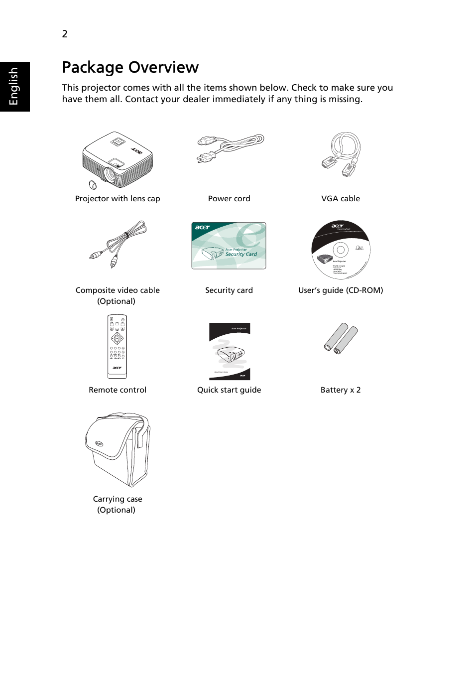 Package overview, English, Optional) | Acer X1237 User Manual | Page 12 / 57