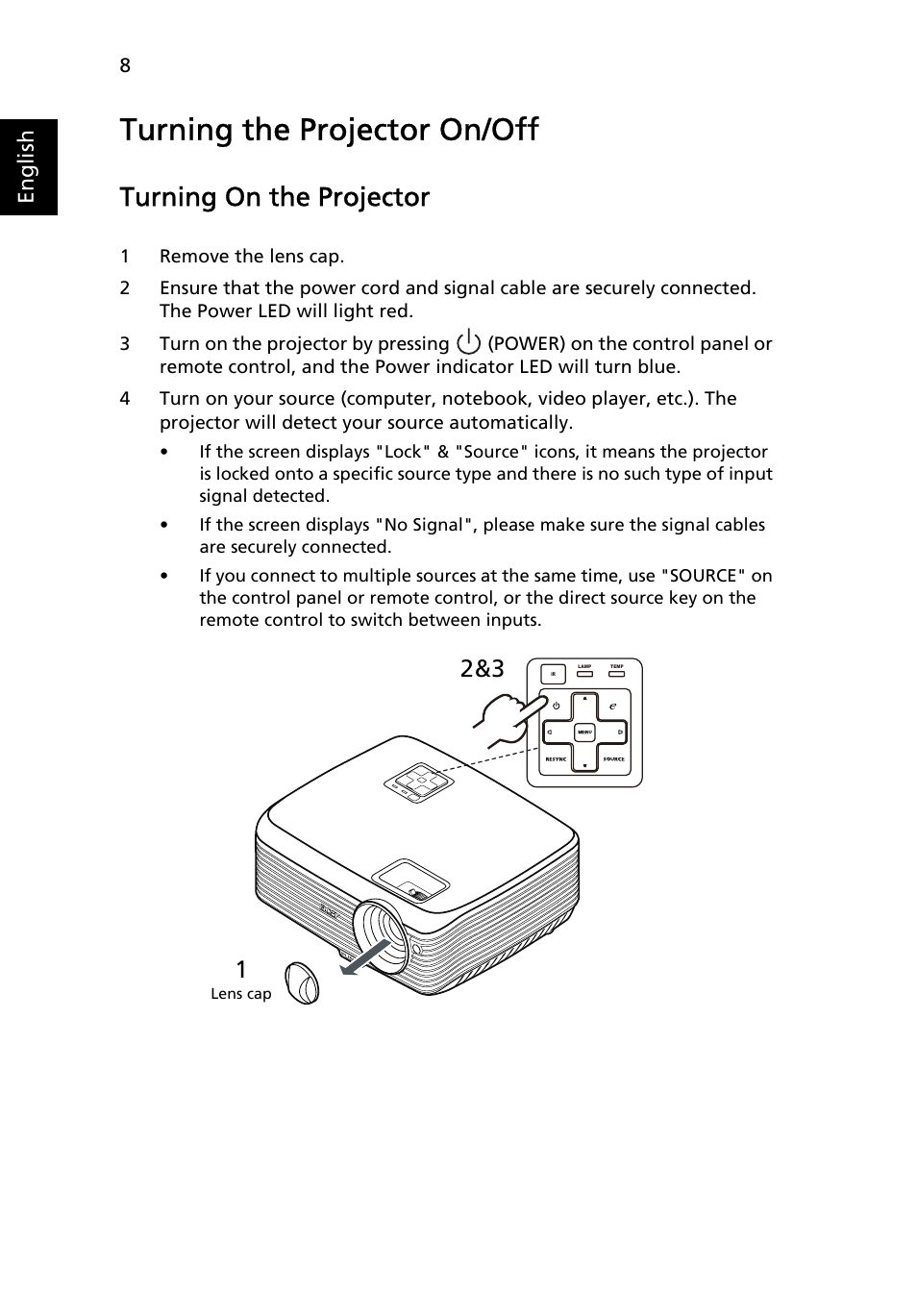 Turning the projector on/off, Turning on the projector, English | Acer X1237 User Manual | Page 18 / 57