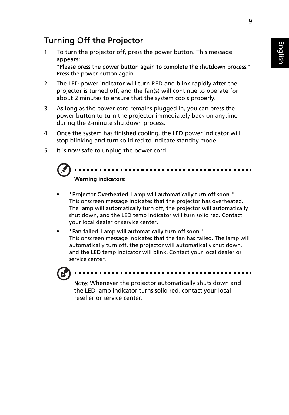 Turning off the projector | Acer X1237 User Manual | Page 19 / 57