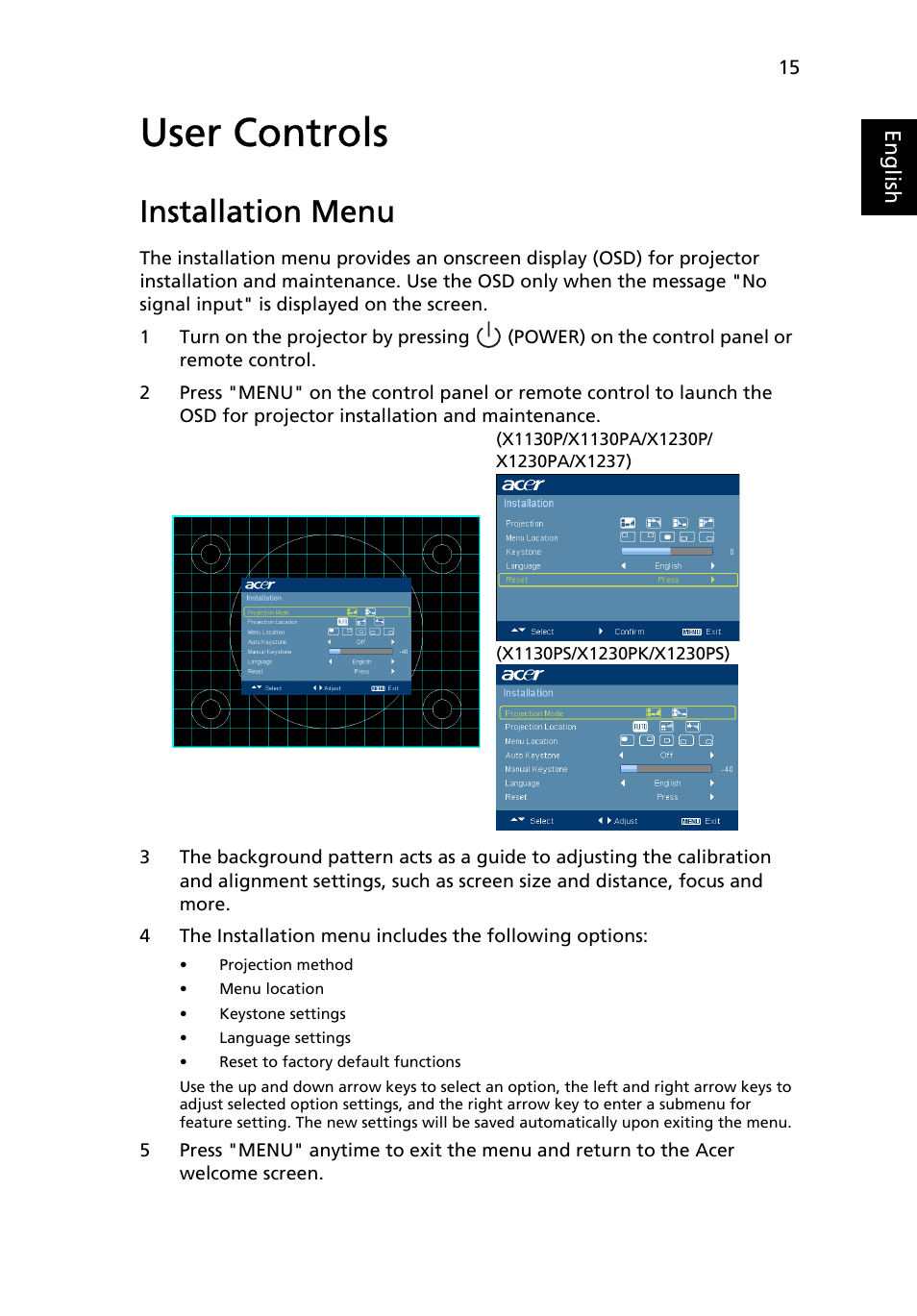 User controls, Installation menu | Acer X1237 User Manual | Page 25 / 57