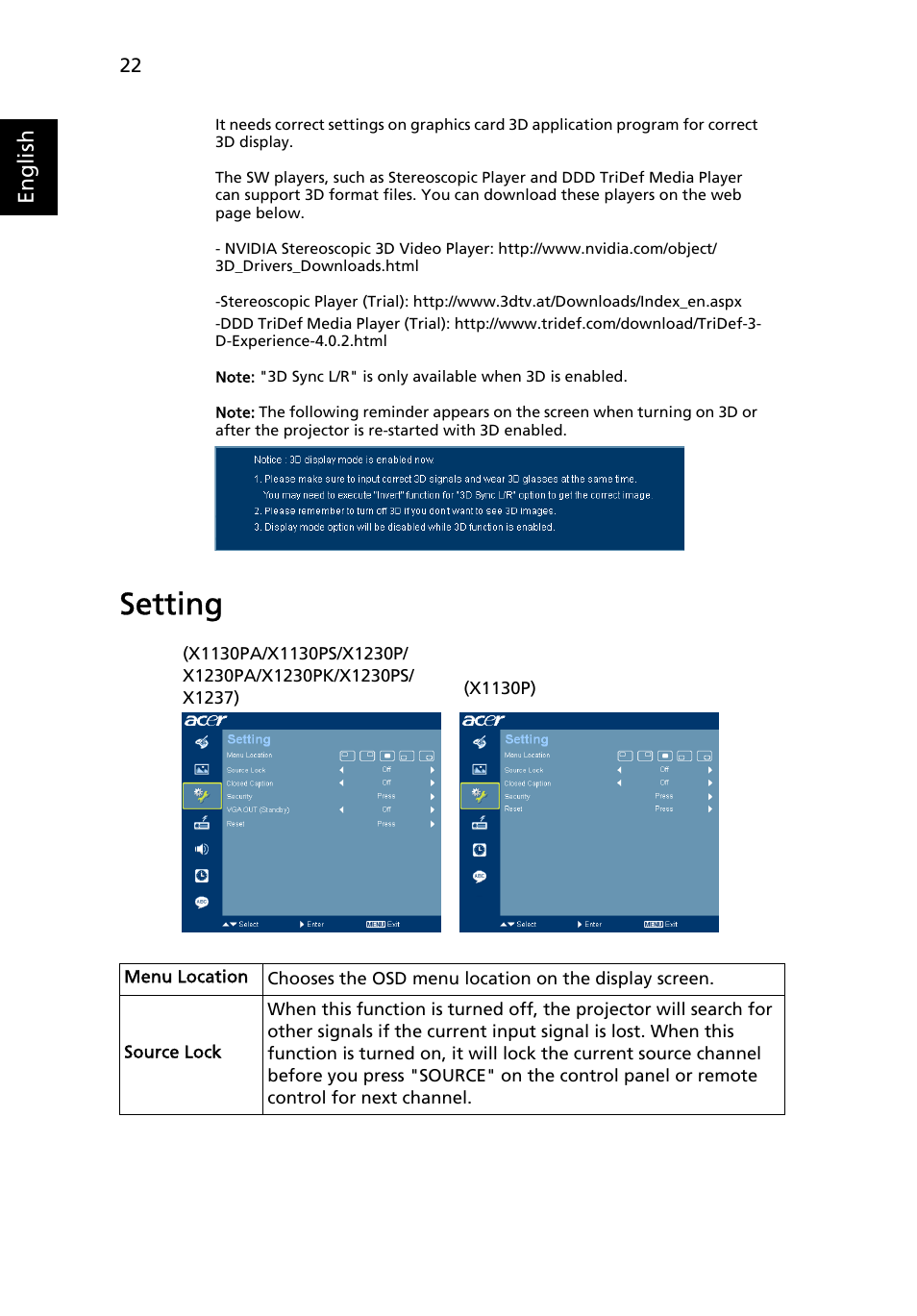Setting, English | Acer X1237 User Manual | Page 32 / 57