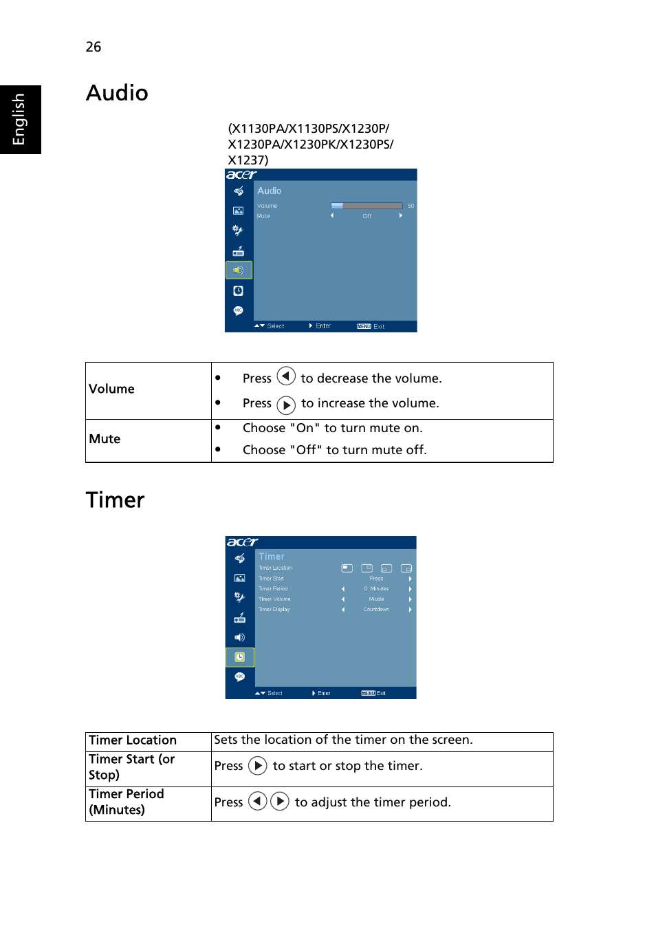 Audio, Timer, Audio timer | Acer X1237 User Manual | Page 36 / 57