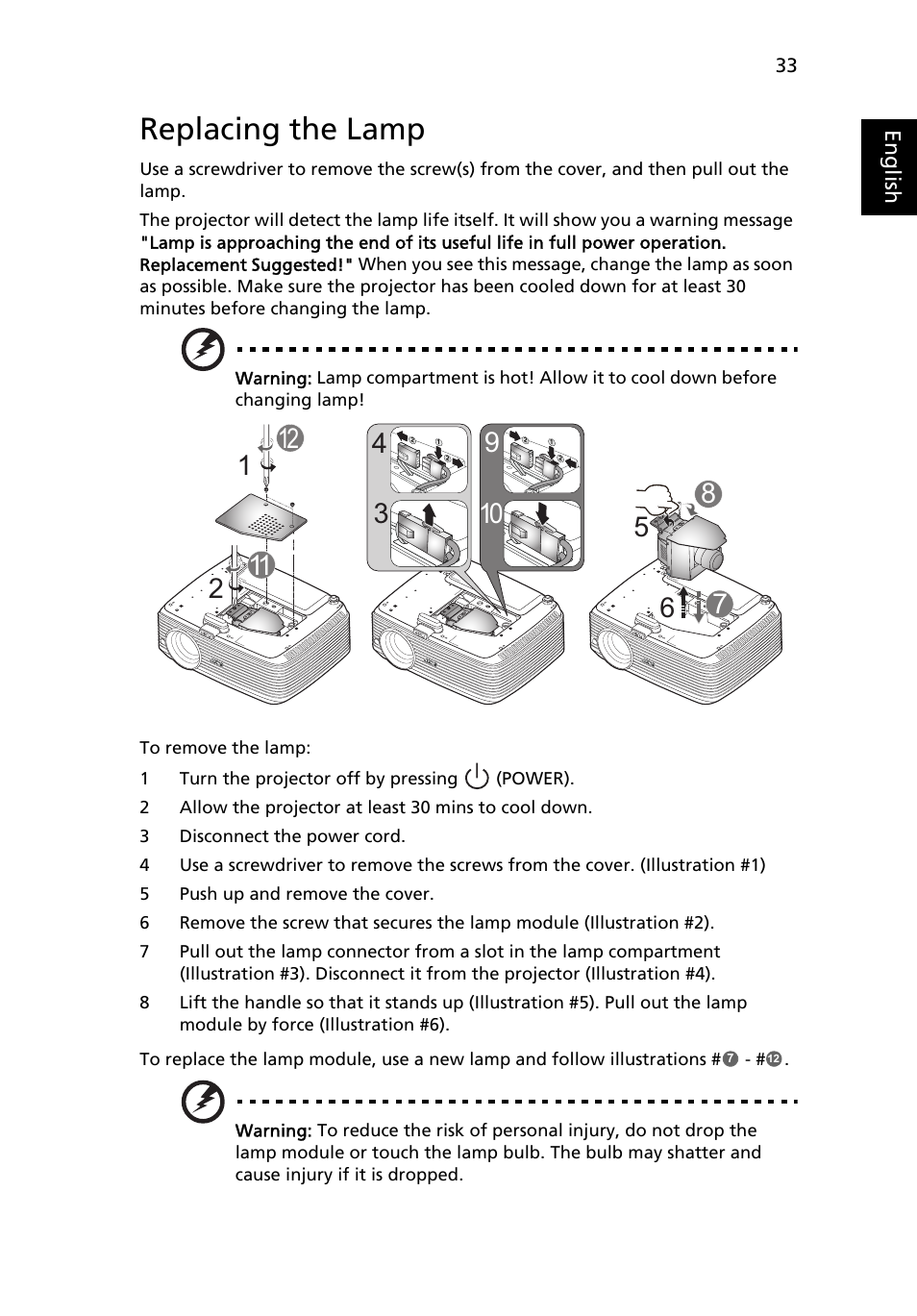 Replacing the lamp | Acer X1237 User Manual | Page 43 / 57