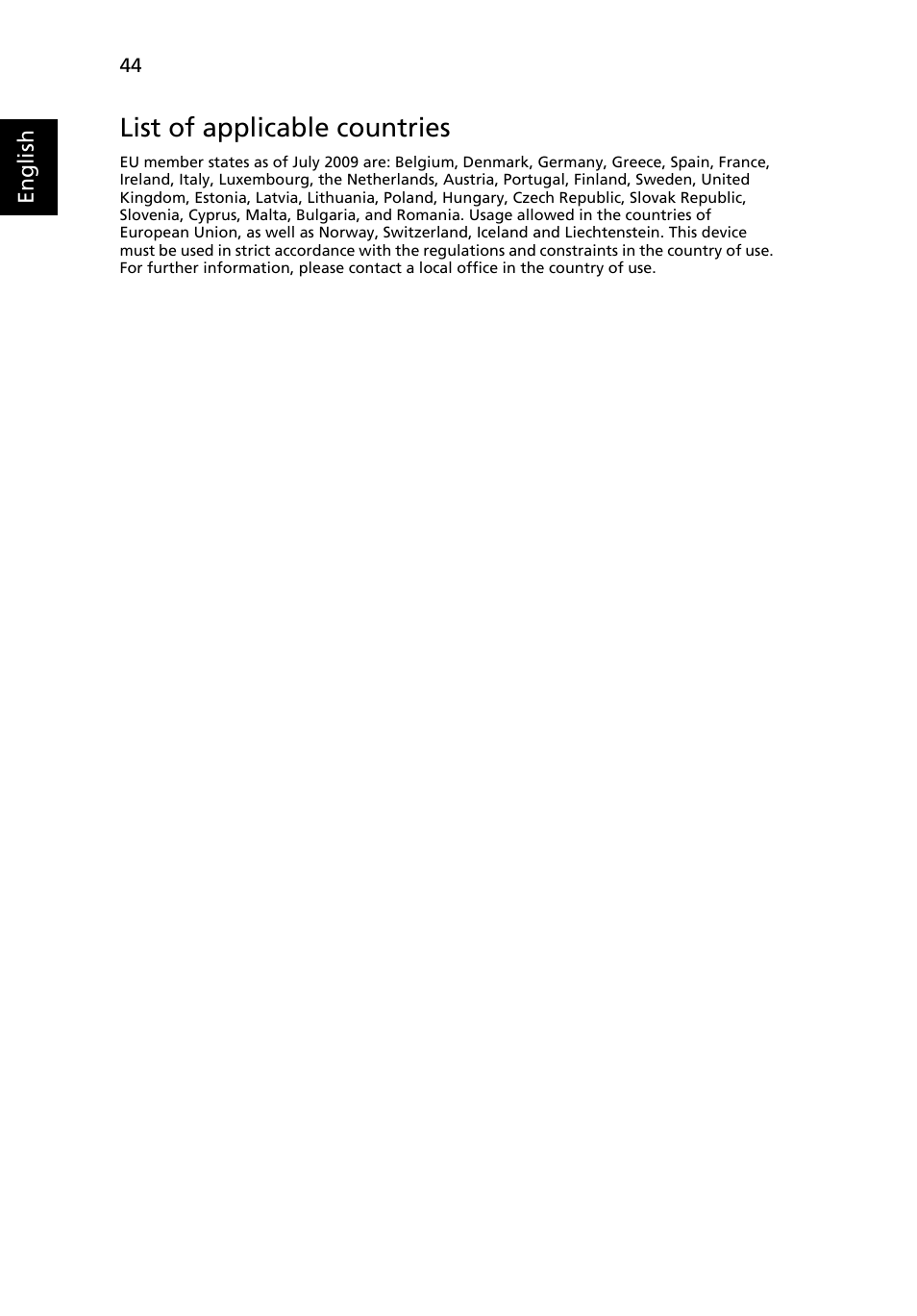 List of applicable countries, English | Acer X1237 User Manual | Page 54 / 57