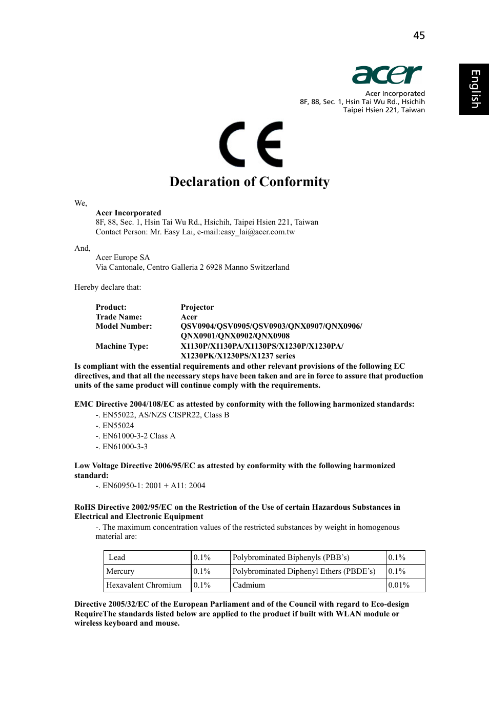 Declaration of conformity, Eng lish eng lis h | Acer X1237 User Manual | Page 55 / 57
