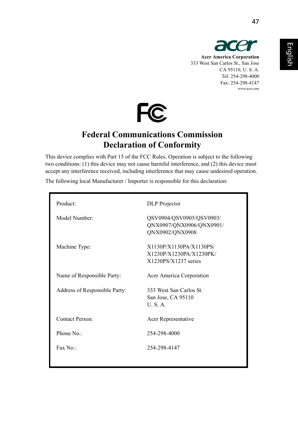 Acer X1237 User Manual | Page 57 / 57