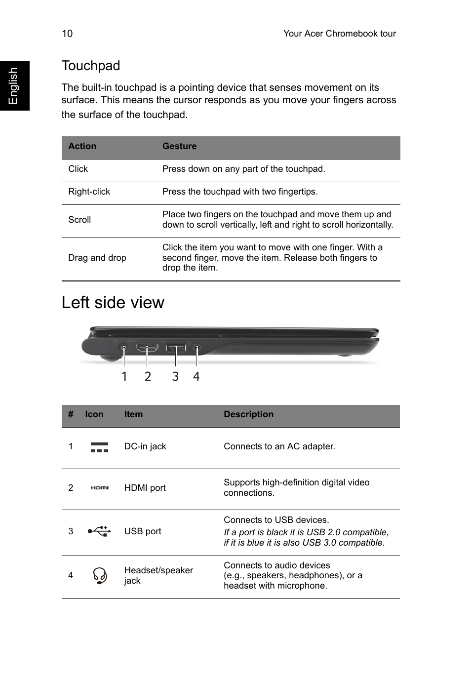 Touchpad, Left side view | Acer C720 User Manual | Page 10 / 36