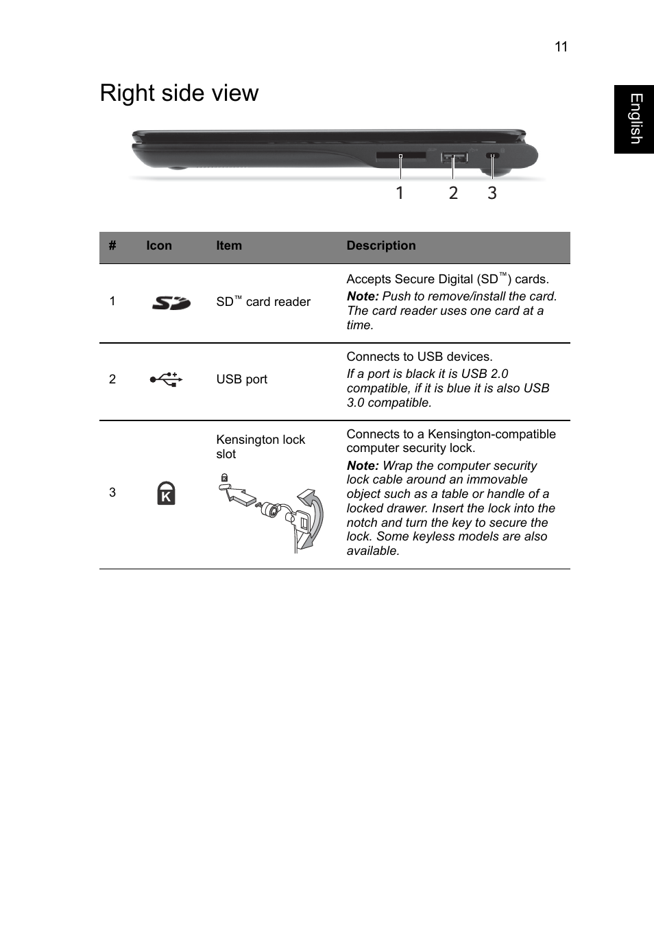 Right side view | Acer C720 User Manual | Page 11 / 36