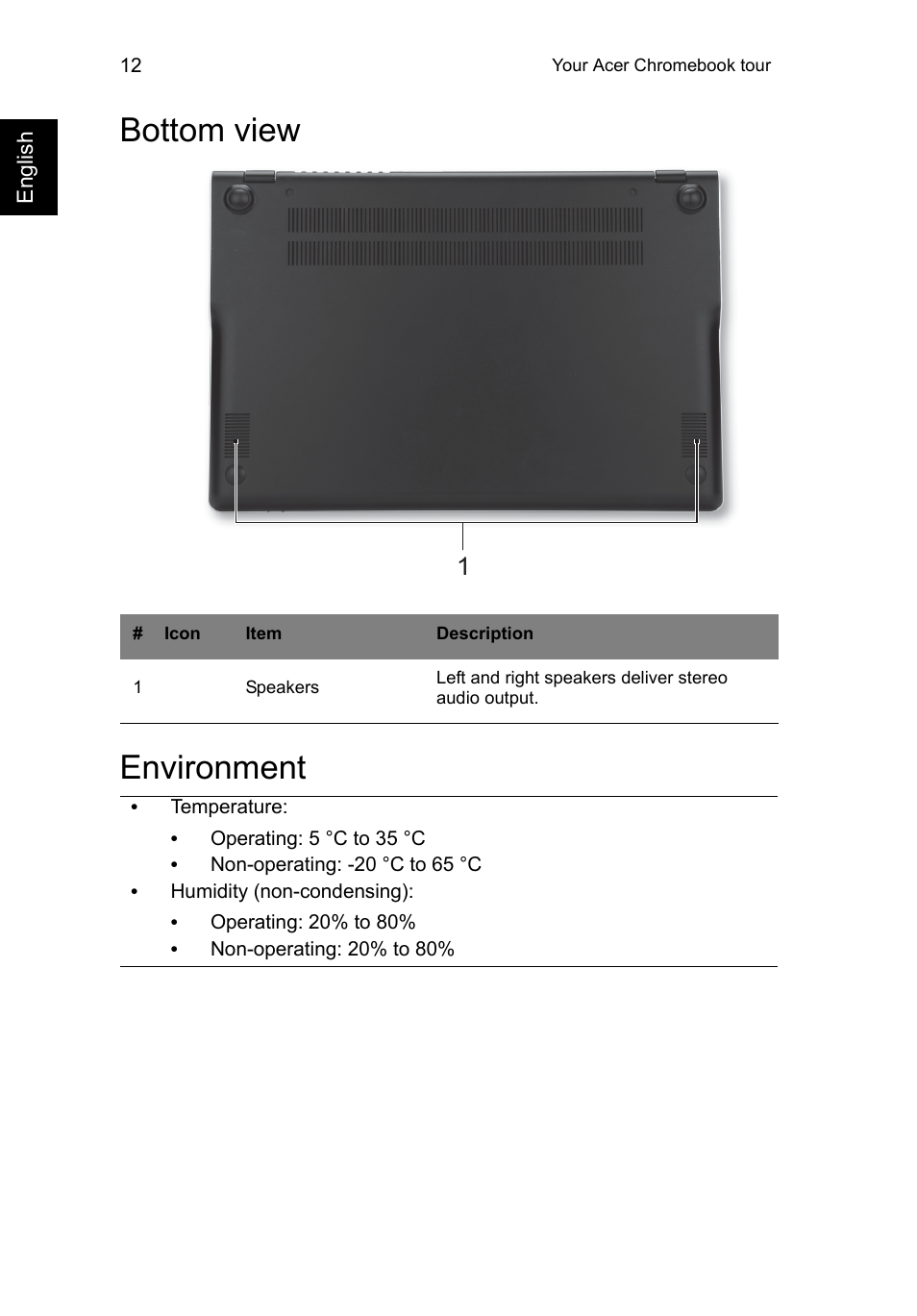 Bottom view, Environment, Bottom view environment | Acer C720 User Manual | Page 12 / 36