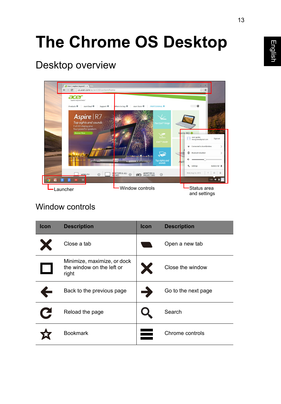 The chrome os desktop, Desktop overview, Window controls | Acer C720 User Manual | Page 13 / 36