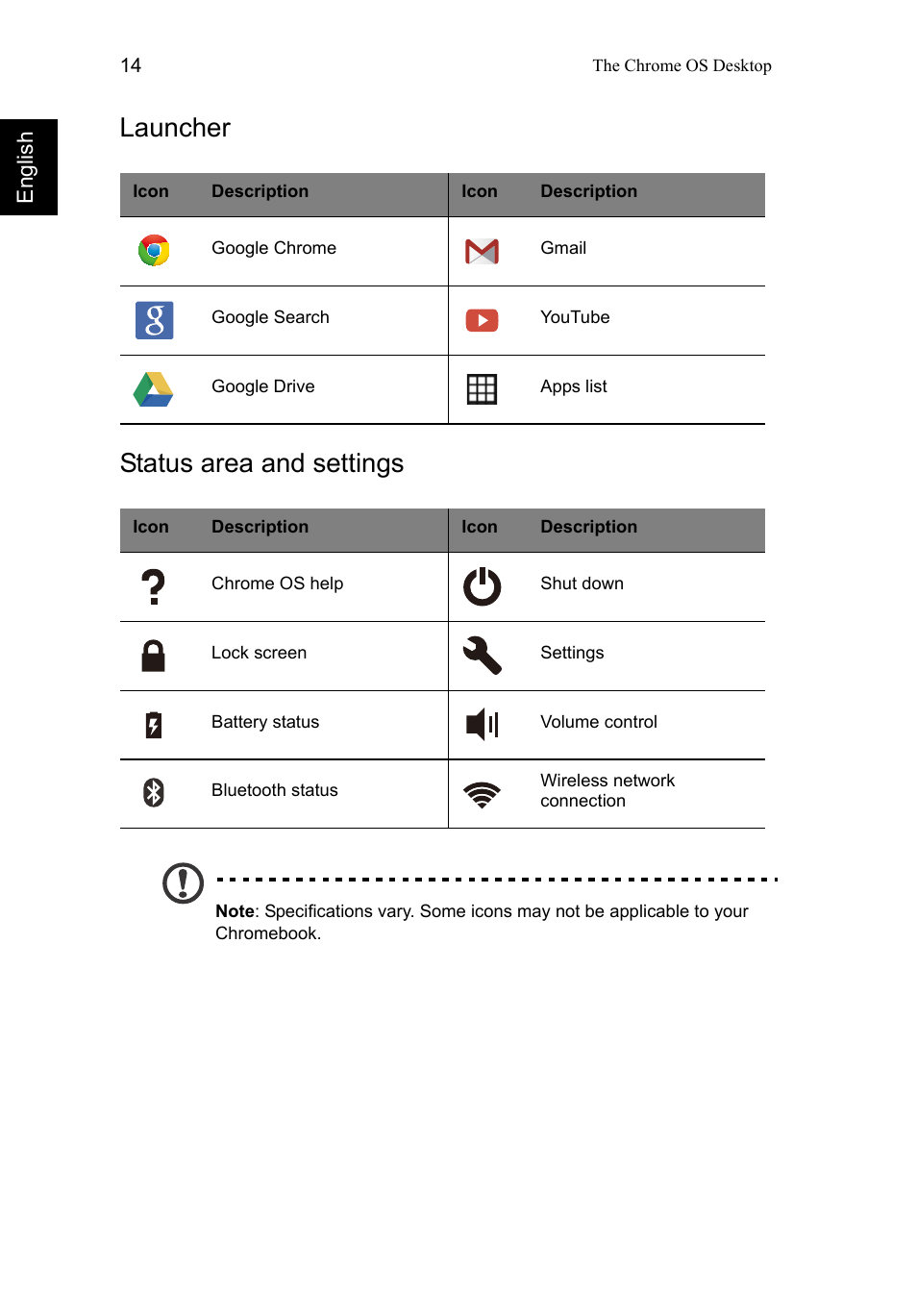 Launcher, Status area and settings, Launcher status area and settings | Acer C720 User Manual | Page 14 / 36