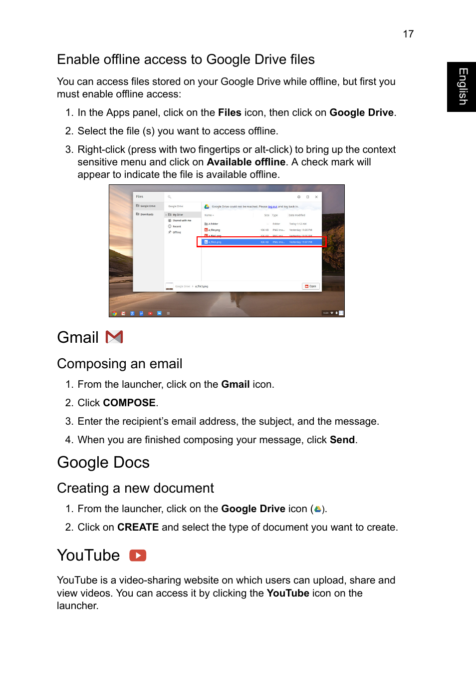 Enable offline access to google drive files, Gmail, Composing an email | Google docs, Creating a new document, Youtube | Acer C720 User Manual | Page 17 / 36