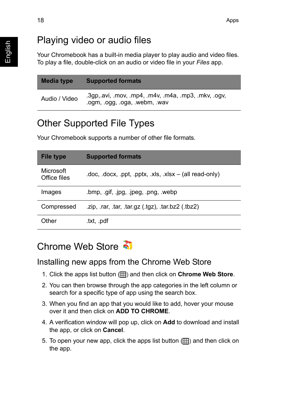 Playing video or audio files, Other supported file types, Chrome web store | Installing new apps from the chrome web store | Acer C720 User Manual | Page 18 / 36