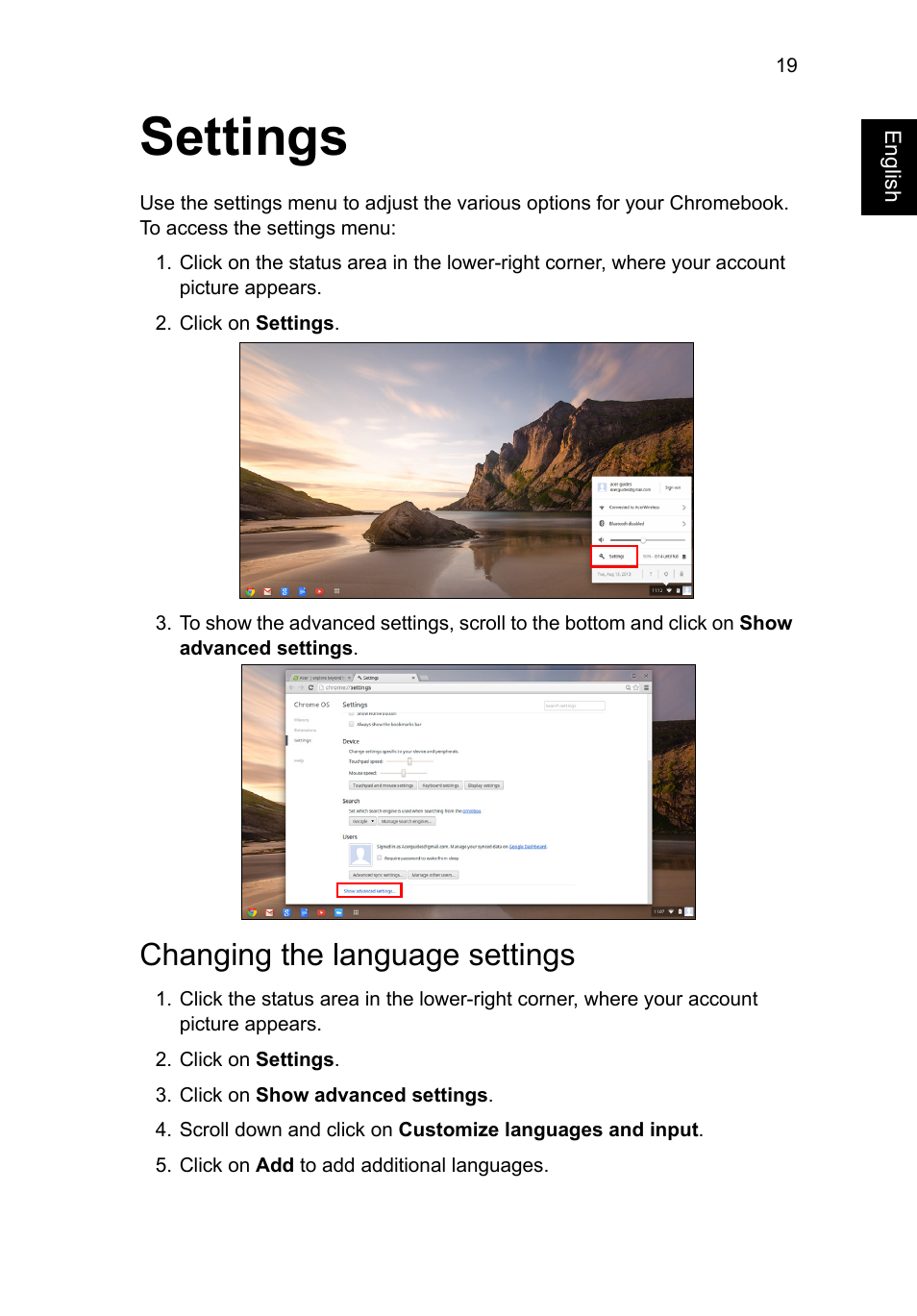 Settings, Changing the language settings | Acer C720 User Manual | Page 19 / 36