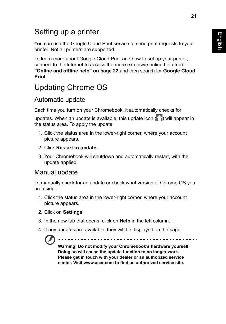 Setting up a printer, Updating chrome os, Automatic update | Manual update, Setting up a printer updating chrome os, Automatic update manual update | Acer C720 User Manual | Page 21 / 36