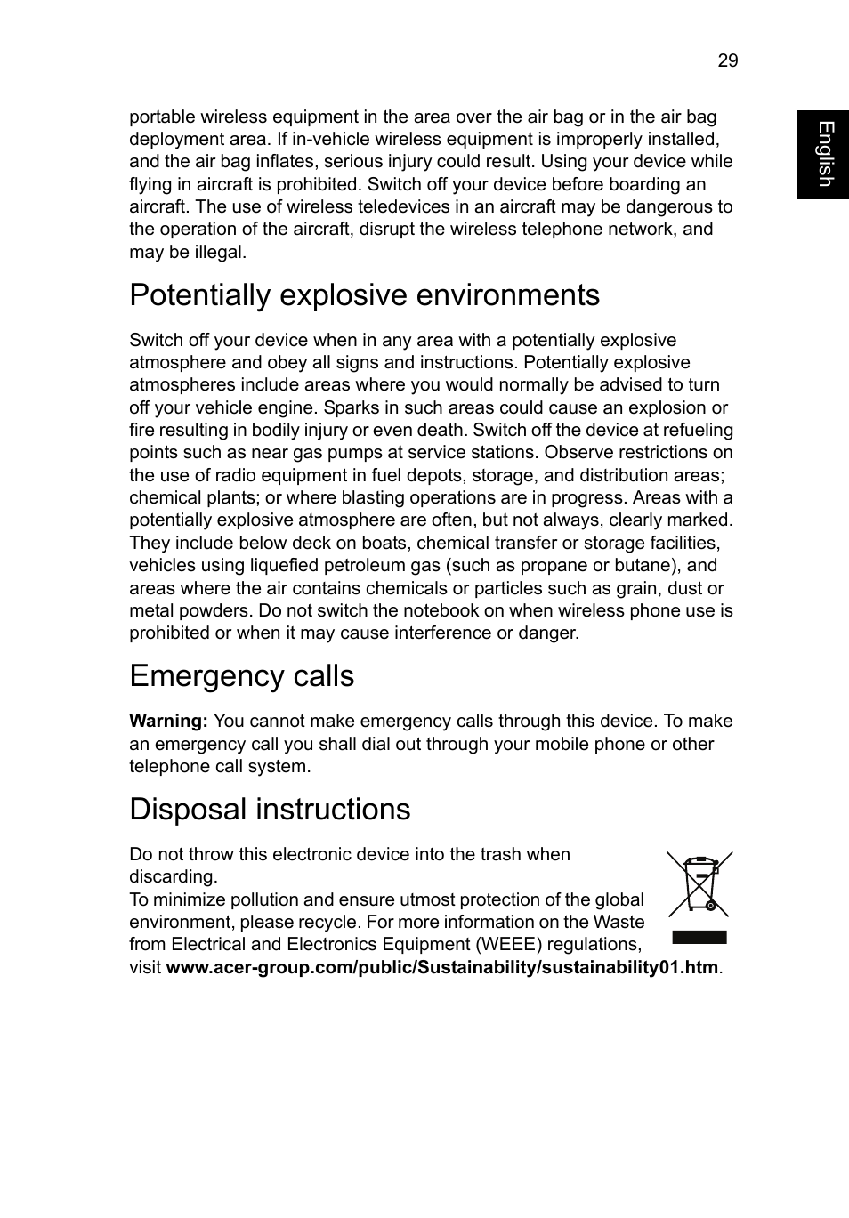 Potentially explosive environments, Emergency calls, Disposal instructions | Acer C720 User Manual | Page 29 / 36