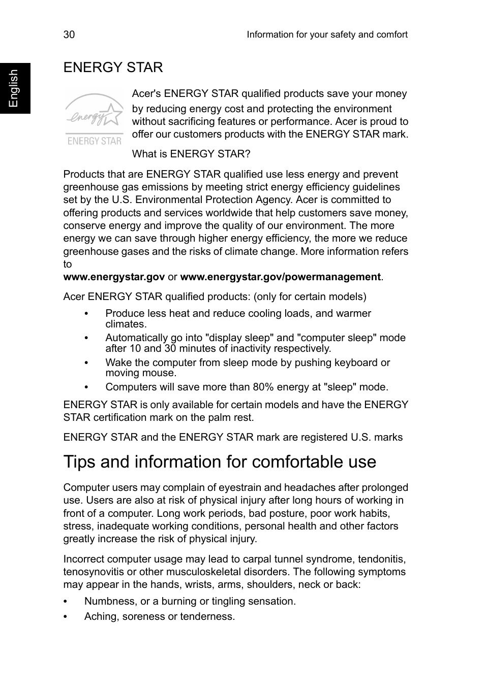 Tips and information for comfortable use, Energy star | Acer C720 User Manual | Page 30 / 36