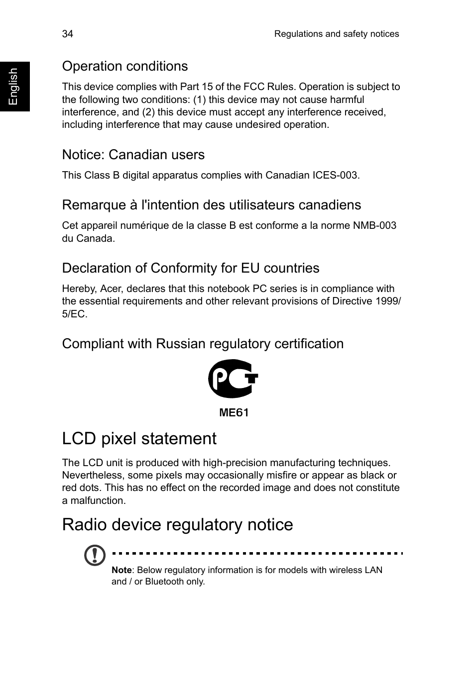 Lcd pixel statement, Radio device regulatory notice, Lcd pixel statement radio device regulatory notice | Acer C720 User Manual | Page 34 / 36