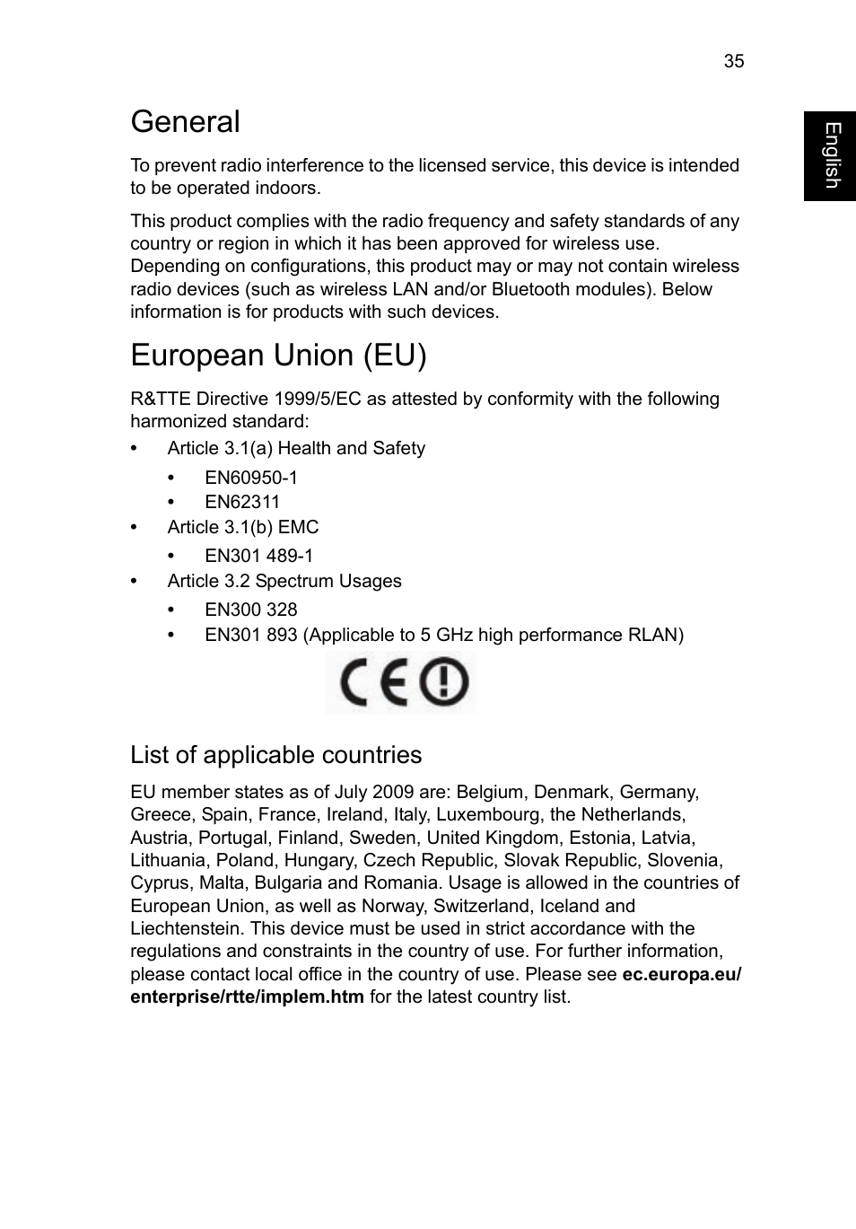 General, European union (eu), General european union (eu) | List of applicable countries | Acer C720 User Manual | Page 35 / 36