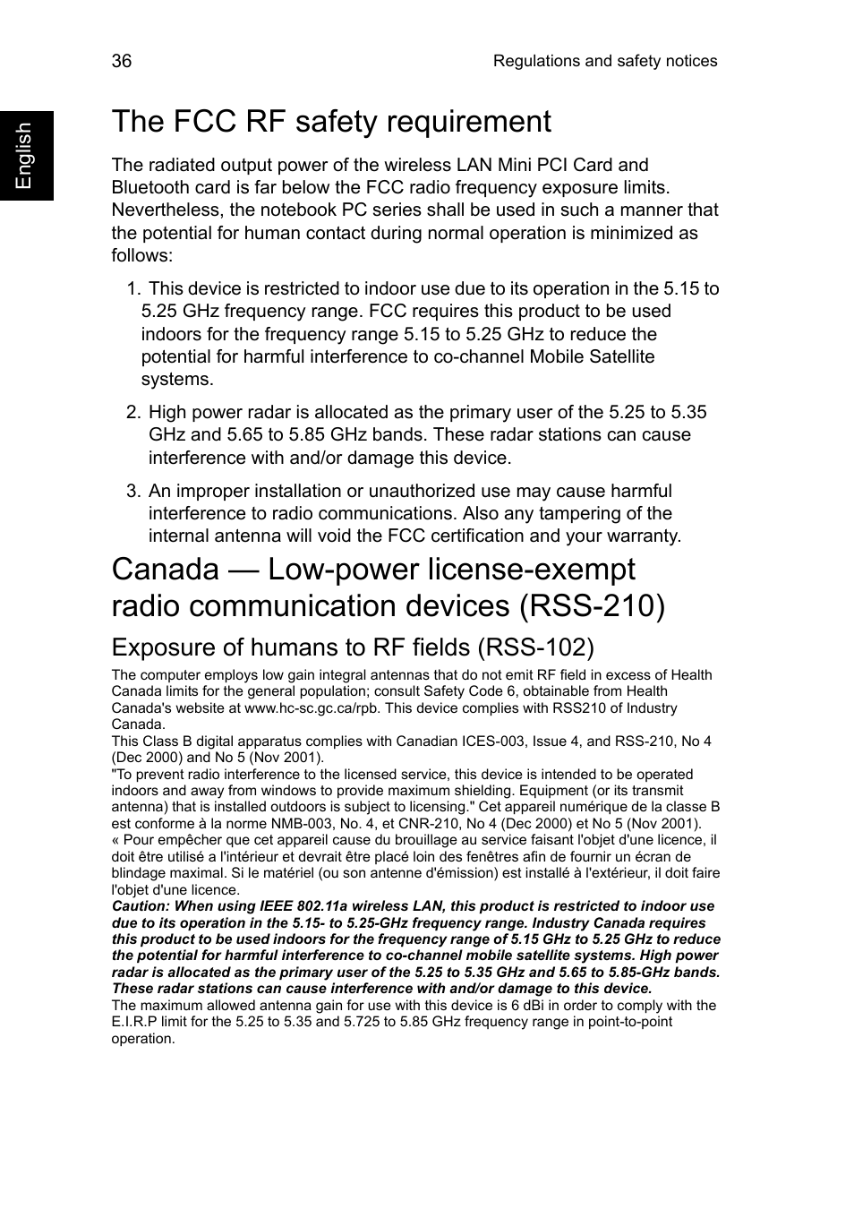 The fcc rf safety requirement, Radio communication devices (rss-210), Exposure of humans to rf fields (rss-102) | Acer C720 User Manual | Page 36 / 36