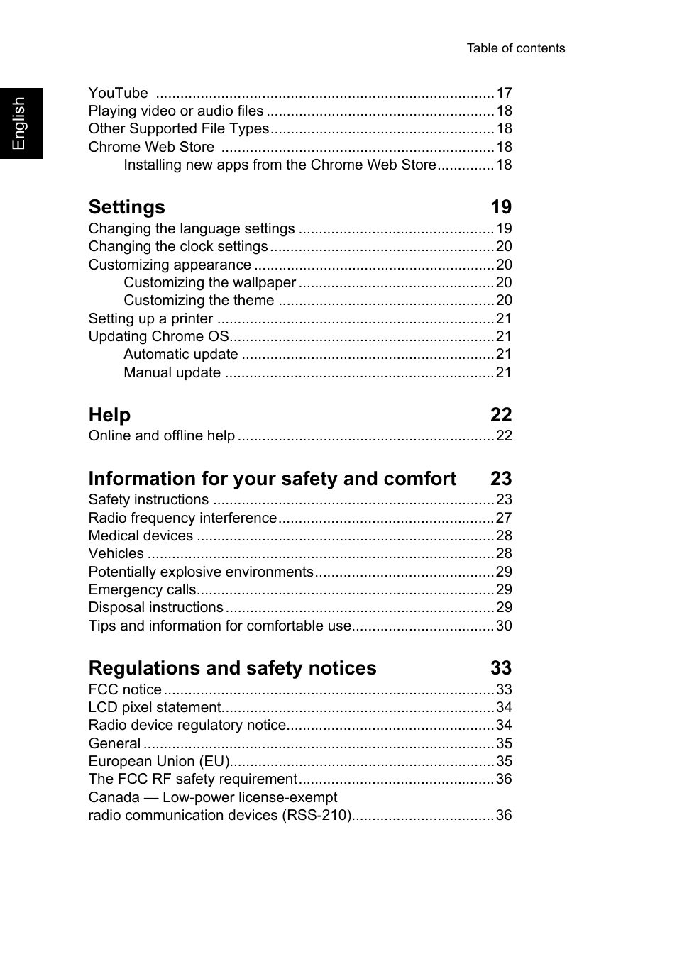 Settings 19, Help 22, Information for your safety and comfort 23 | Regulations and safety notices 33 | Acer C720 User Manual | Page 4 / 36