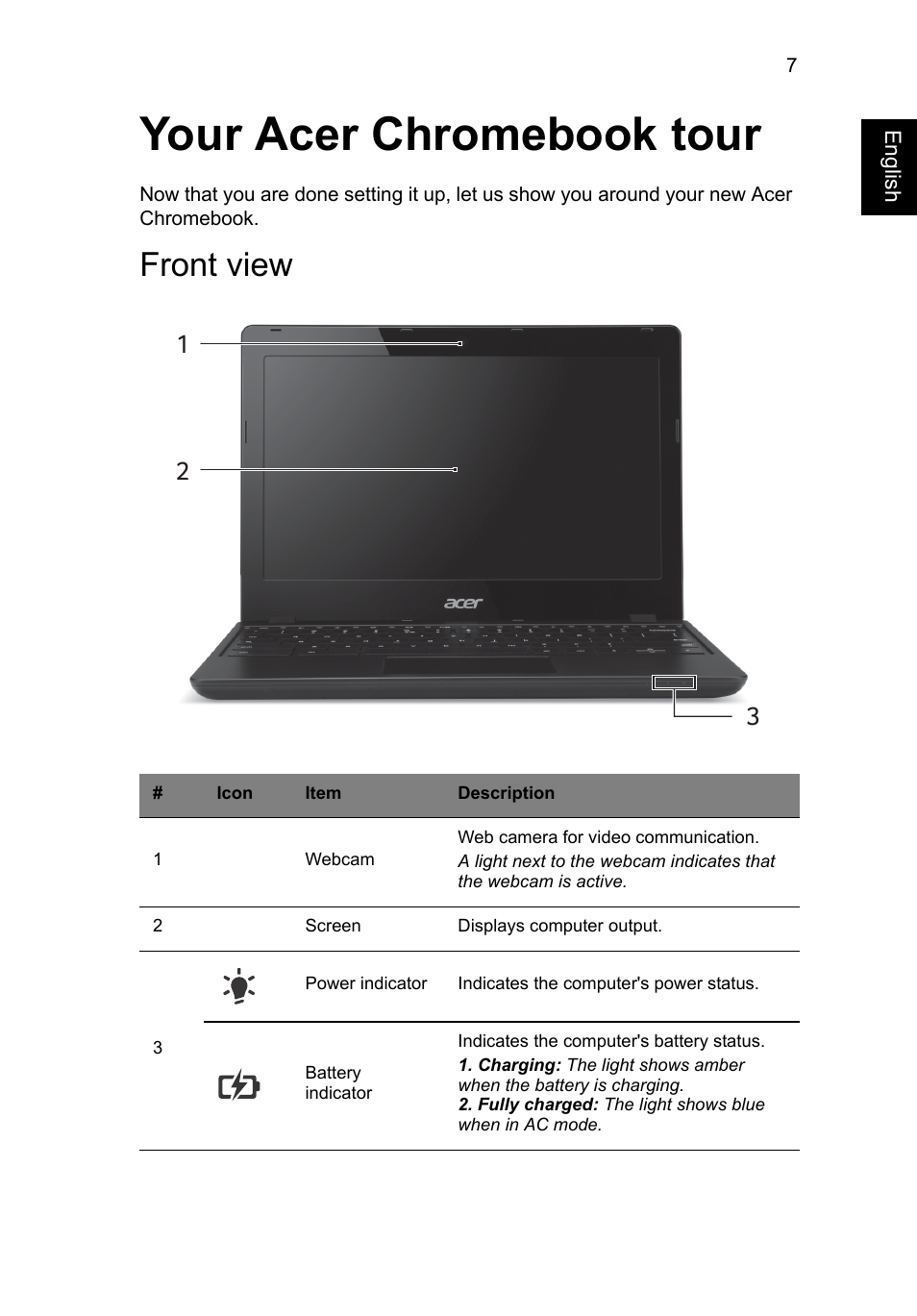 Your acer chromebook tour, Front view | Acer C720 User Manual | Page 7 / 36