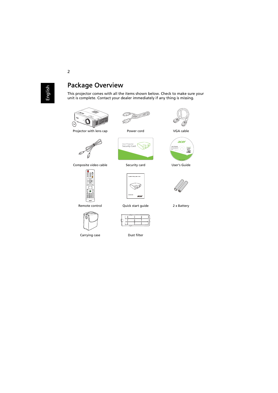 Package overview, En gl ish | Acer P7215 User Manual | Page 12 / 59