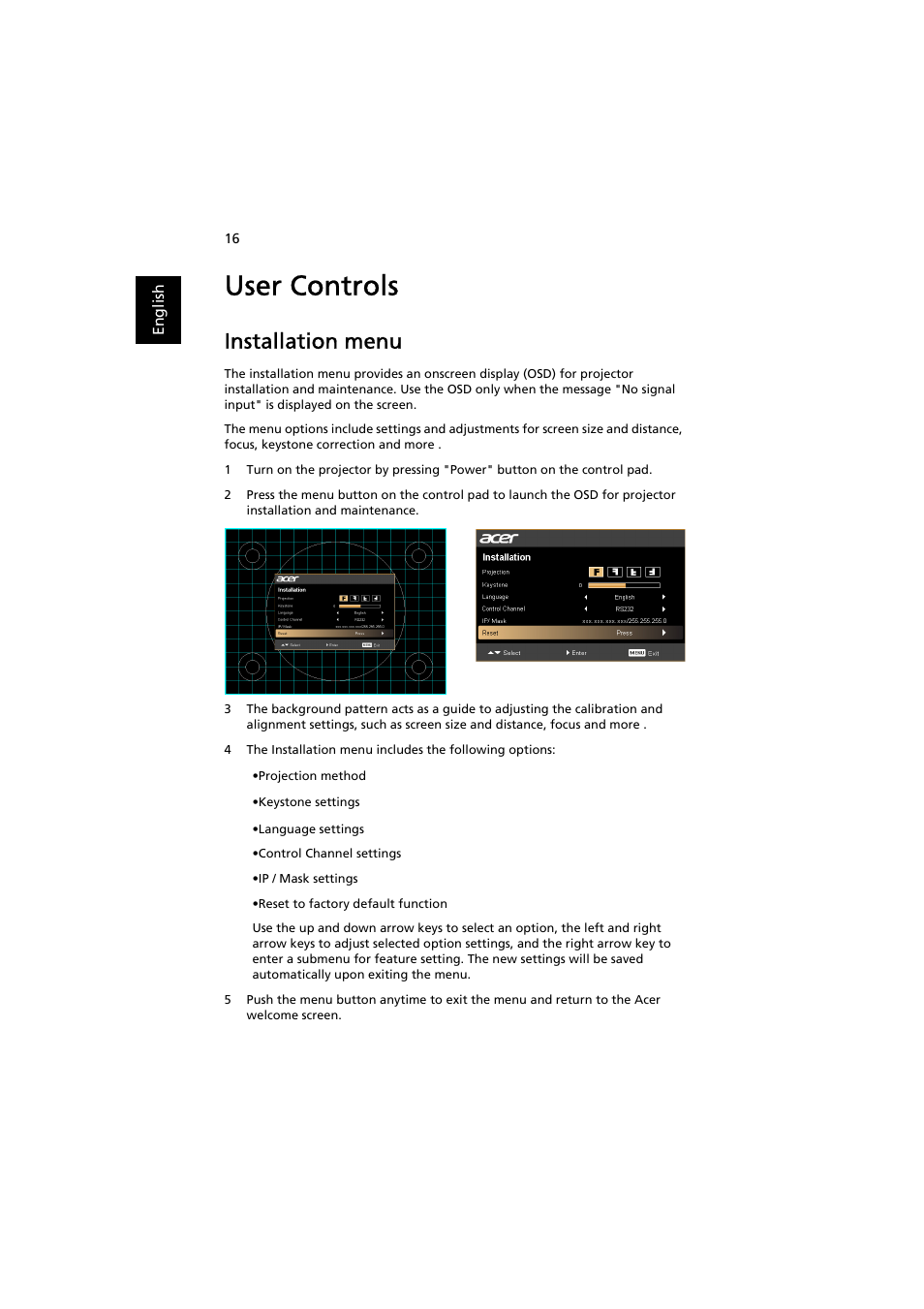 User controls, Installation menu | Acer P7215 User Manual | Page 26 / 59