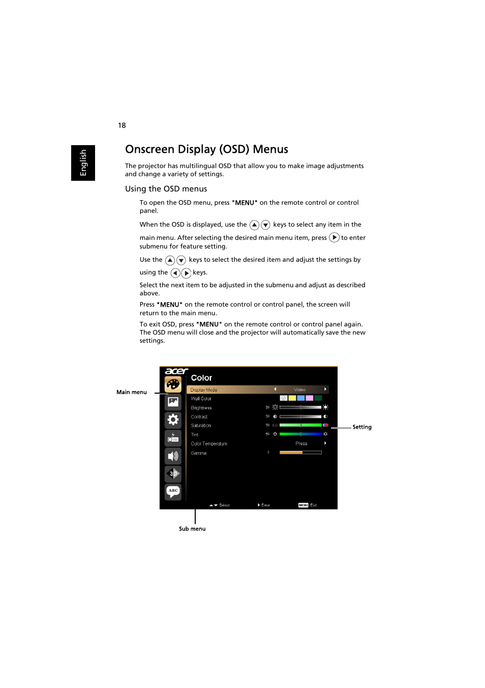 Onscreen display (osd) menus | Acer P7215 User Manual | Page 28 / 59