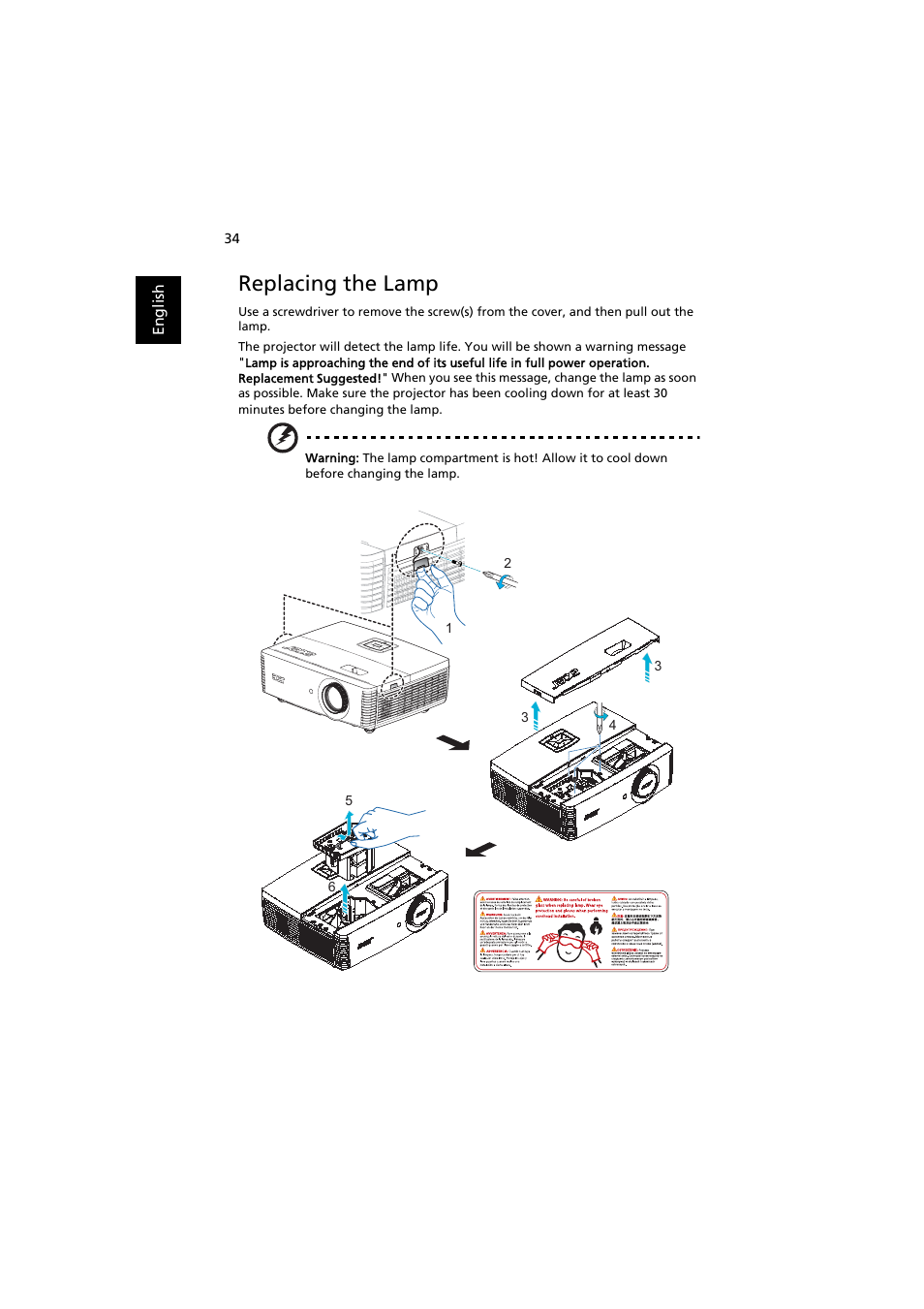 Replacing the lamp | Acer P7215 User Manual | Page 44 / 59