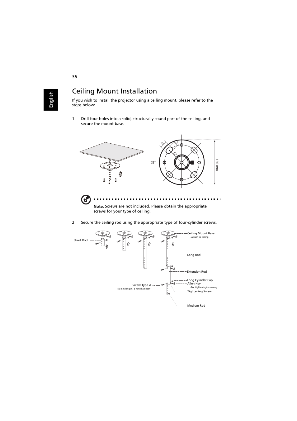 Ceiling mount installation, En gl ish | Acer P7215 User Manual | Page 46 / 59