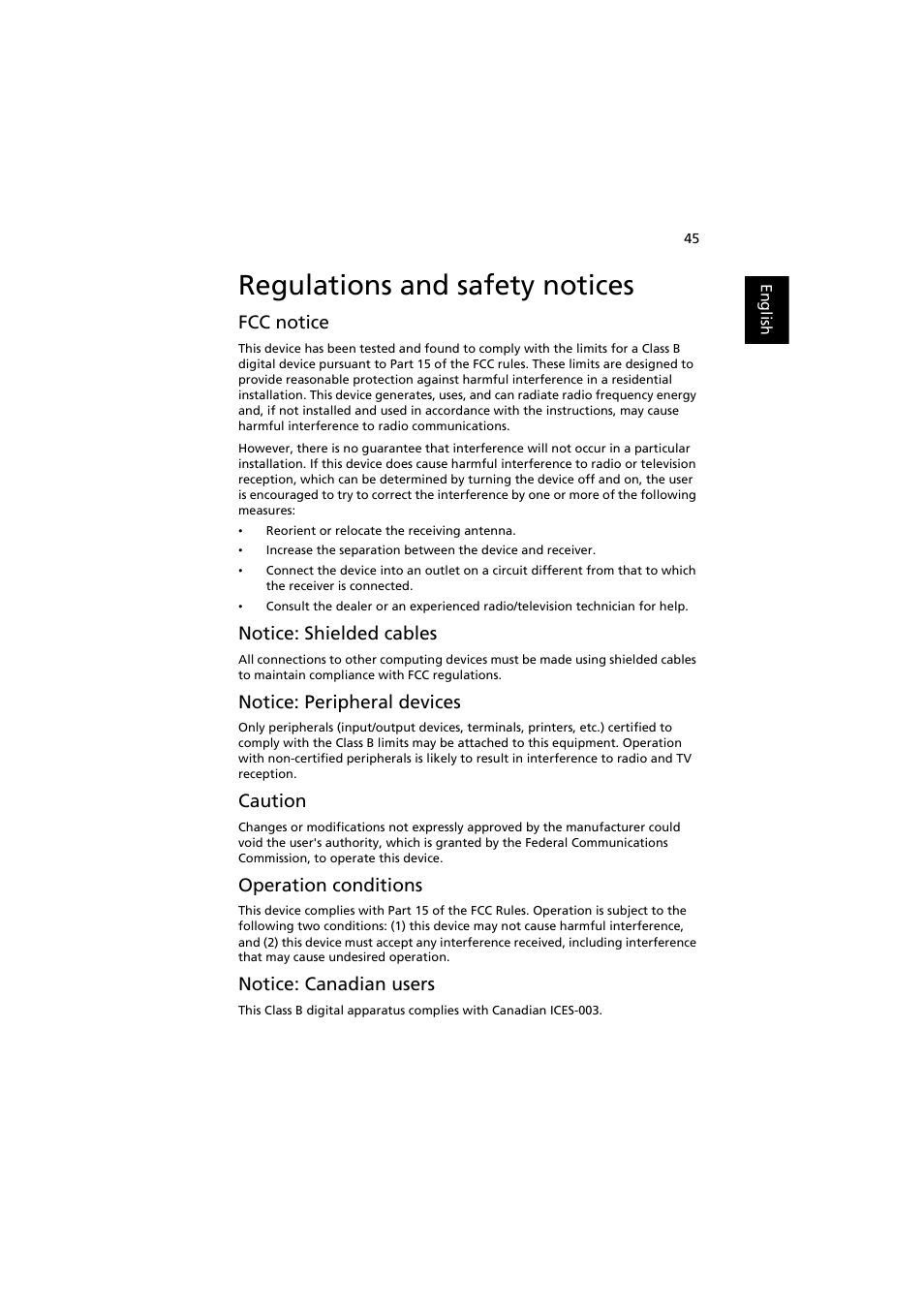 Regulations and safety notices, Fcc notice, Notice: shielded cables | Notice: peripheral devices, Caution, Operation conditions, Notice: canadian users | Acer P7215 User Manual | Page 55 / 59