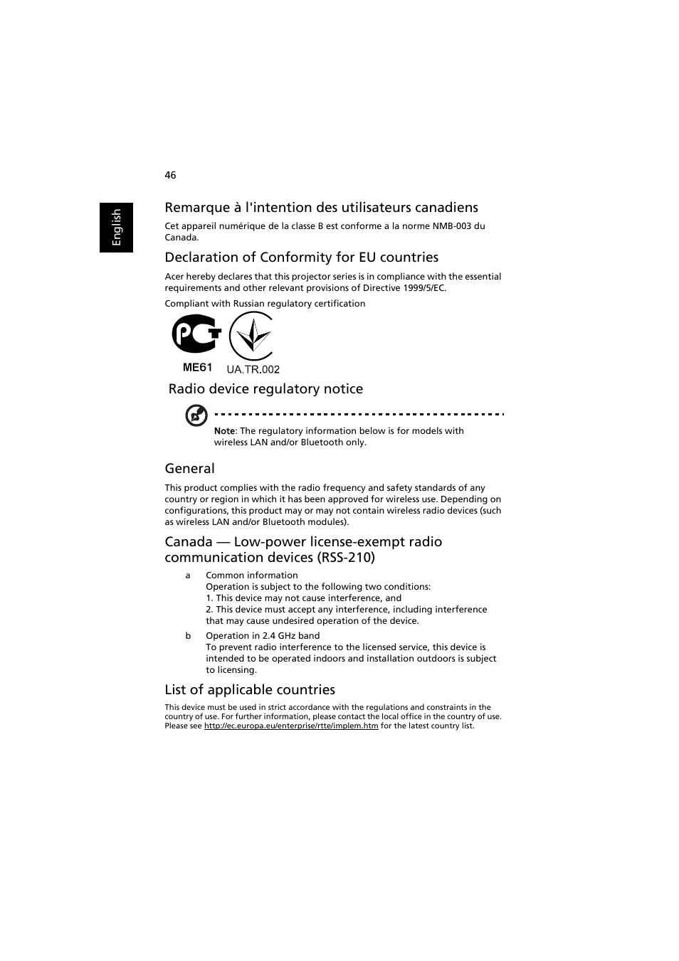 Remarque à l'intention des utilisateurs canadiens, Declaration of conformity for eu countries, Radio device regulatory notice | General, List of applicable countries | Acer P7215 User Manual | Page 56 / 59