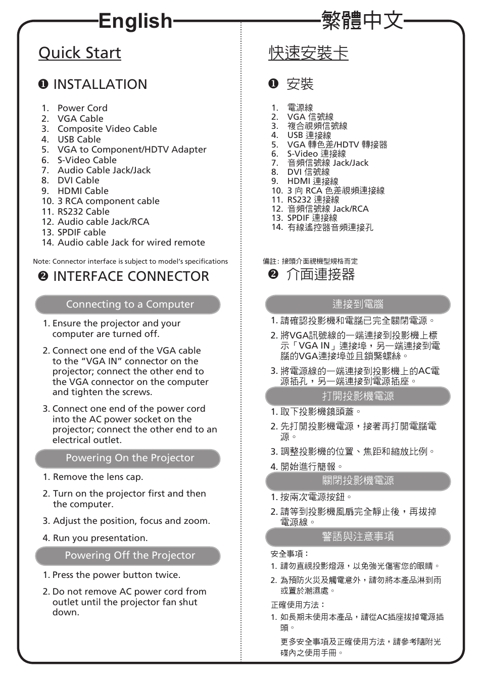 繁體中文, English, 快速安裝卡 | Quick start, 介面連接器, Installation, Interface connector | Acer P7290 User Manual | Page 2 / 2
