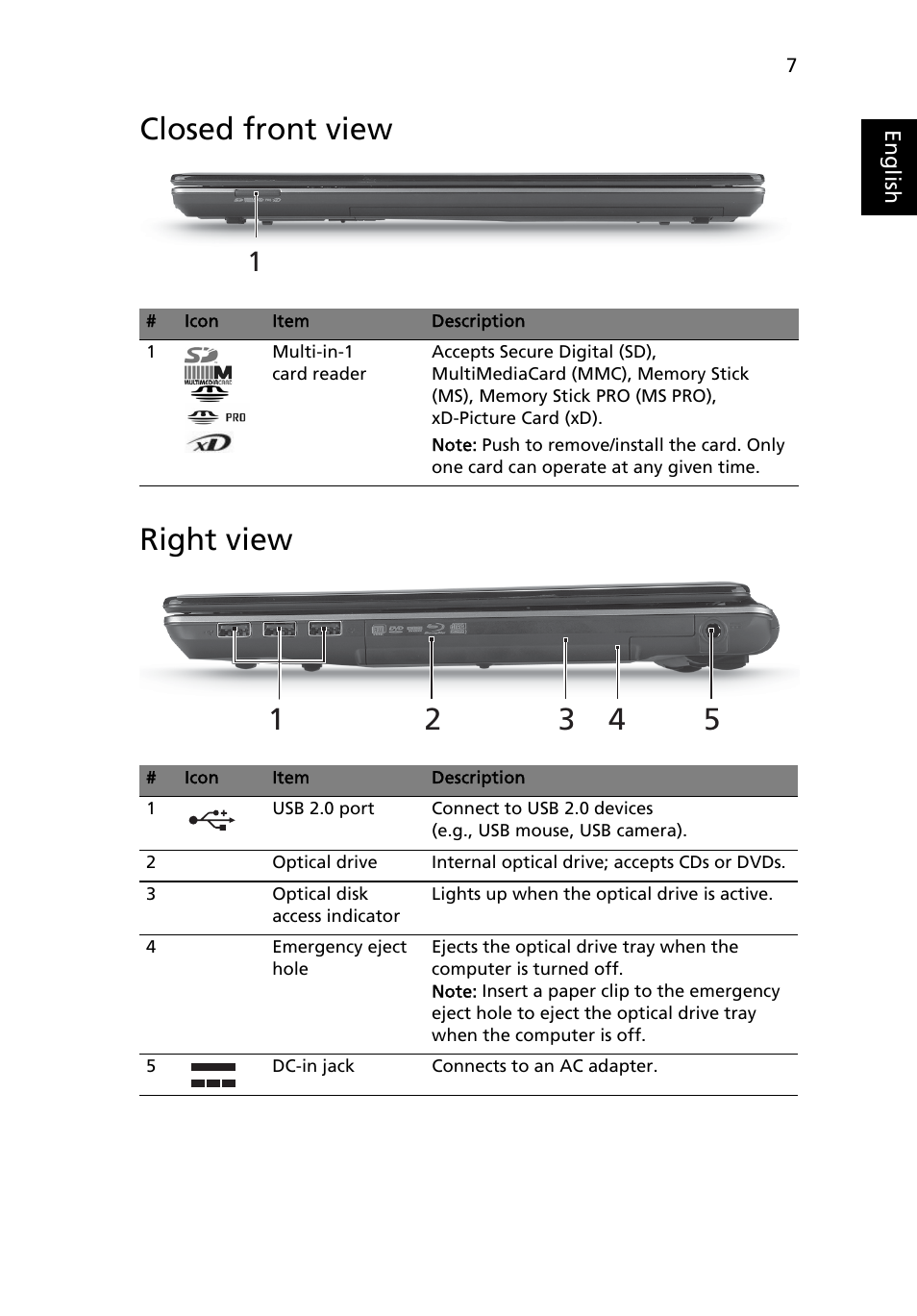 Closed front view, Right view, Closed front view right view | Acer Aspire 4820TZ User Manual | Page 7 / 10