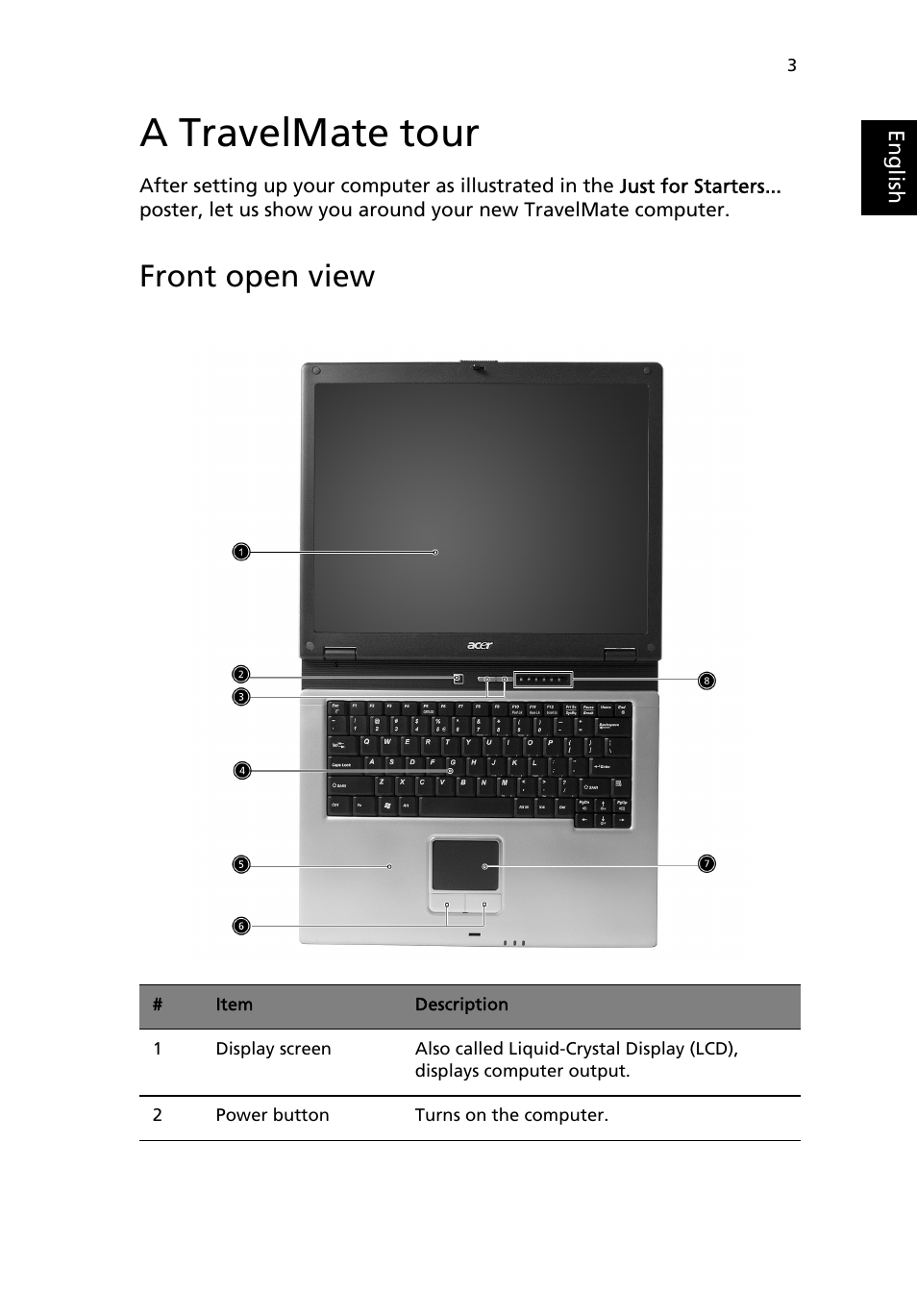 A travelmate tour, Front open view | Acer TravelMate 4050 User Manual | Page 11 / 92